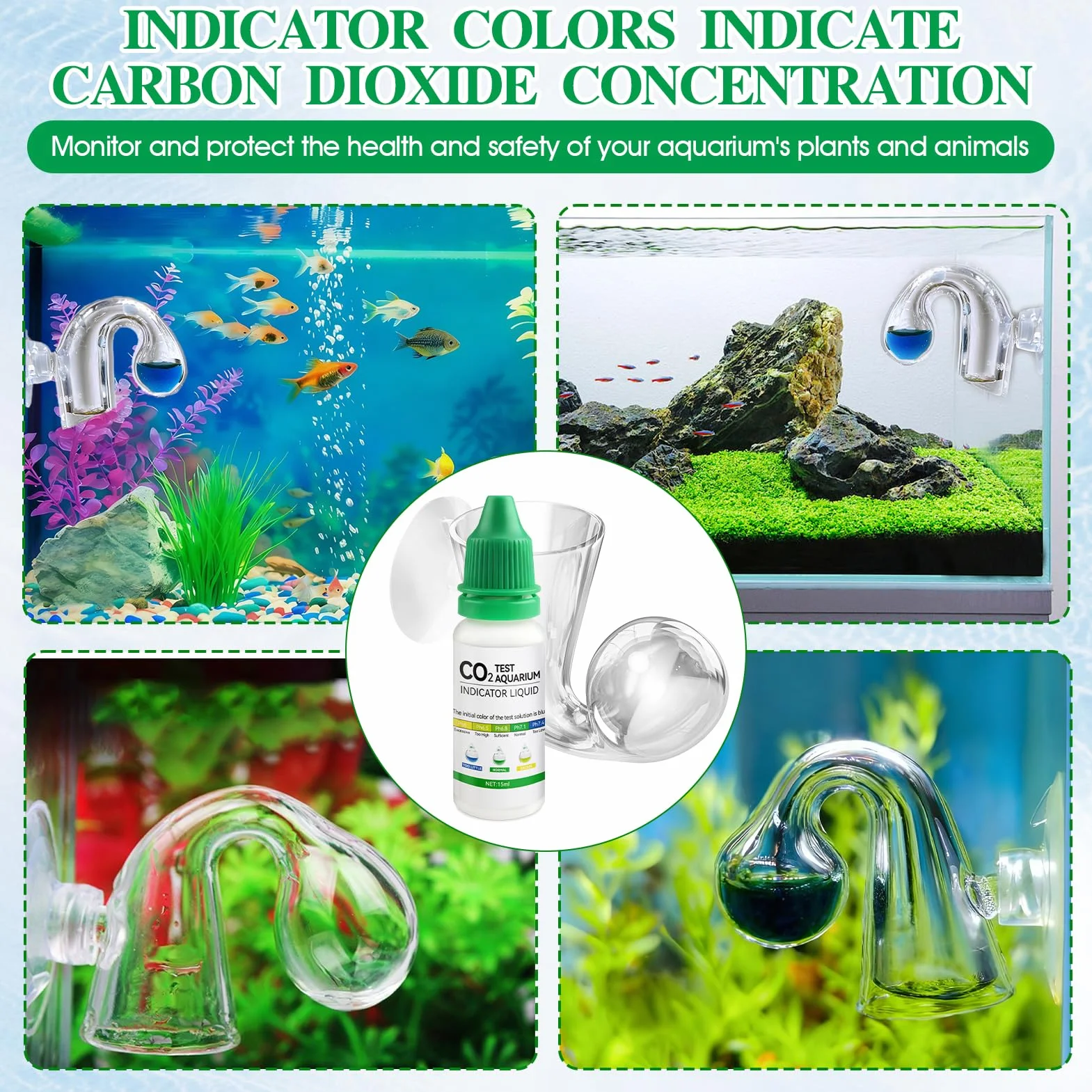 Drop Checker Co2, Co2 Aquarium, Kit co2 Aquarium avec 15 ML Indicateur 20 MG/L Surveille avec Précision la Concentration de Dioxyde de Carbone, pour aux Aquariums d'eau Douce