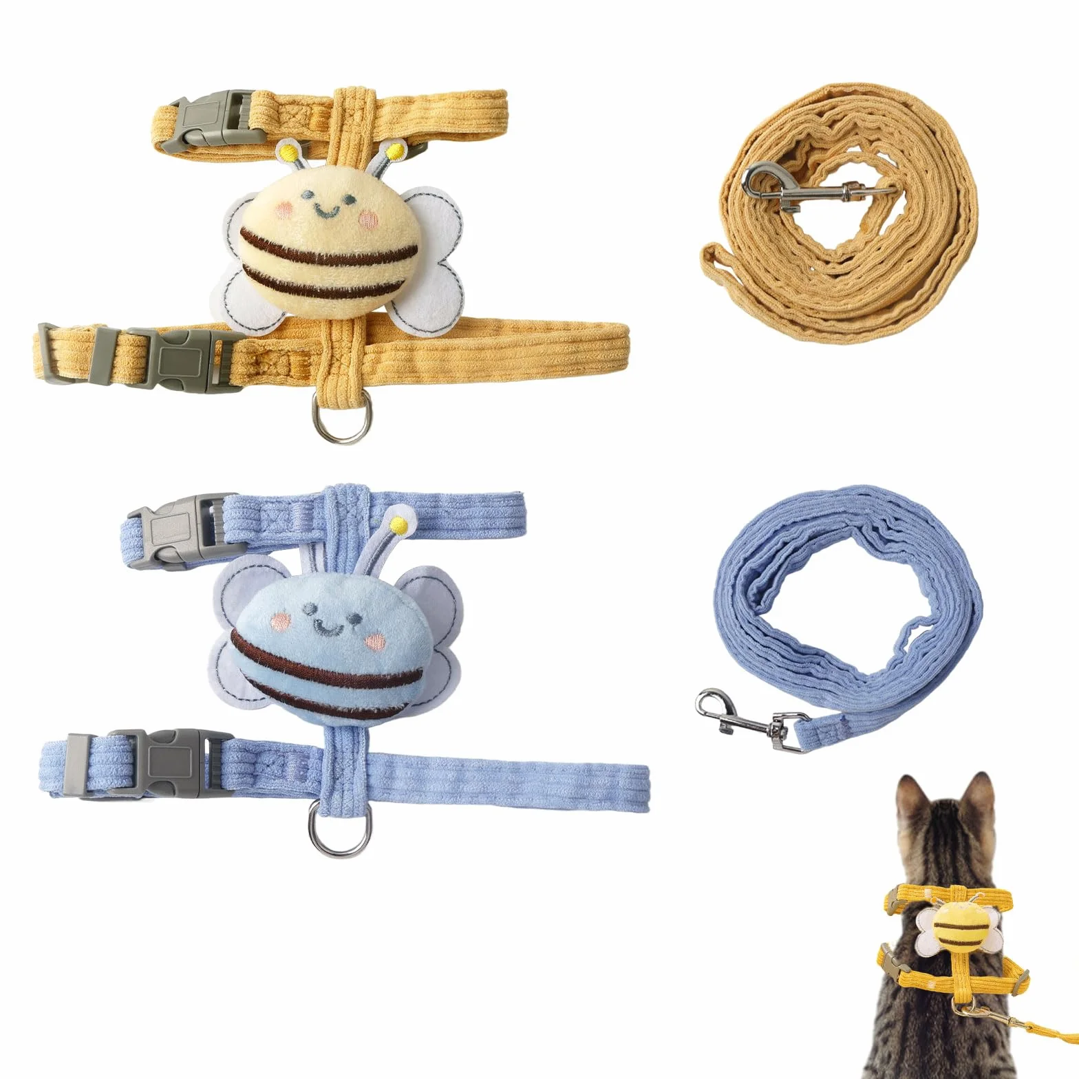 Harnais pour Chat Réglable Anti Évasion 2 Pièces, Laisse pour Chaton et Petit Chien Jaune Bleu