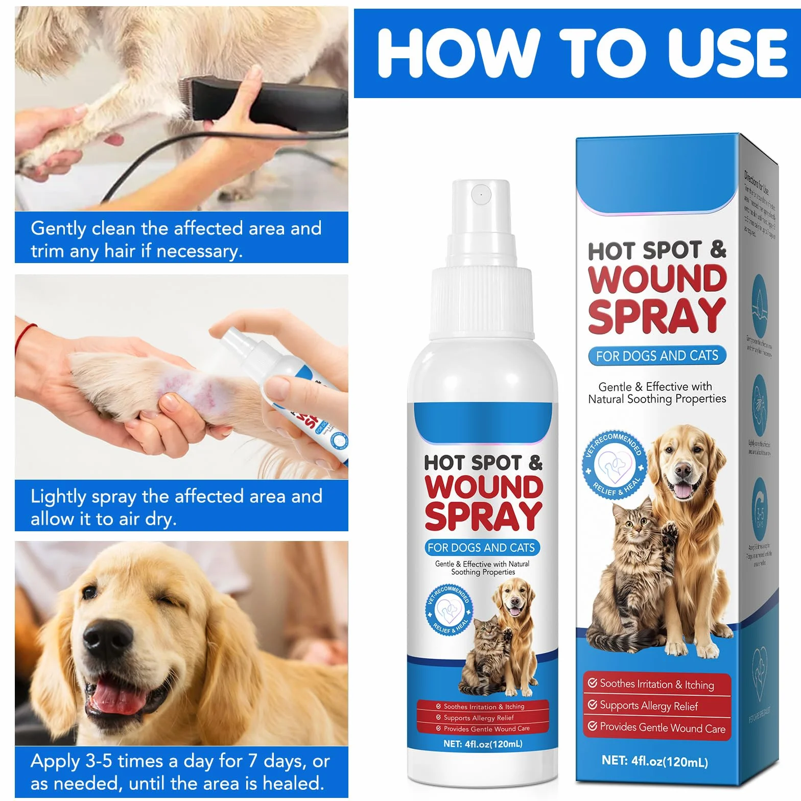 Spray Vétérinaire pour Plaies Chiens Chats 120ml Anti-Démangeaisons Anti-Inflammatoire