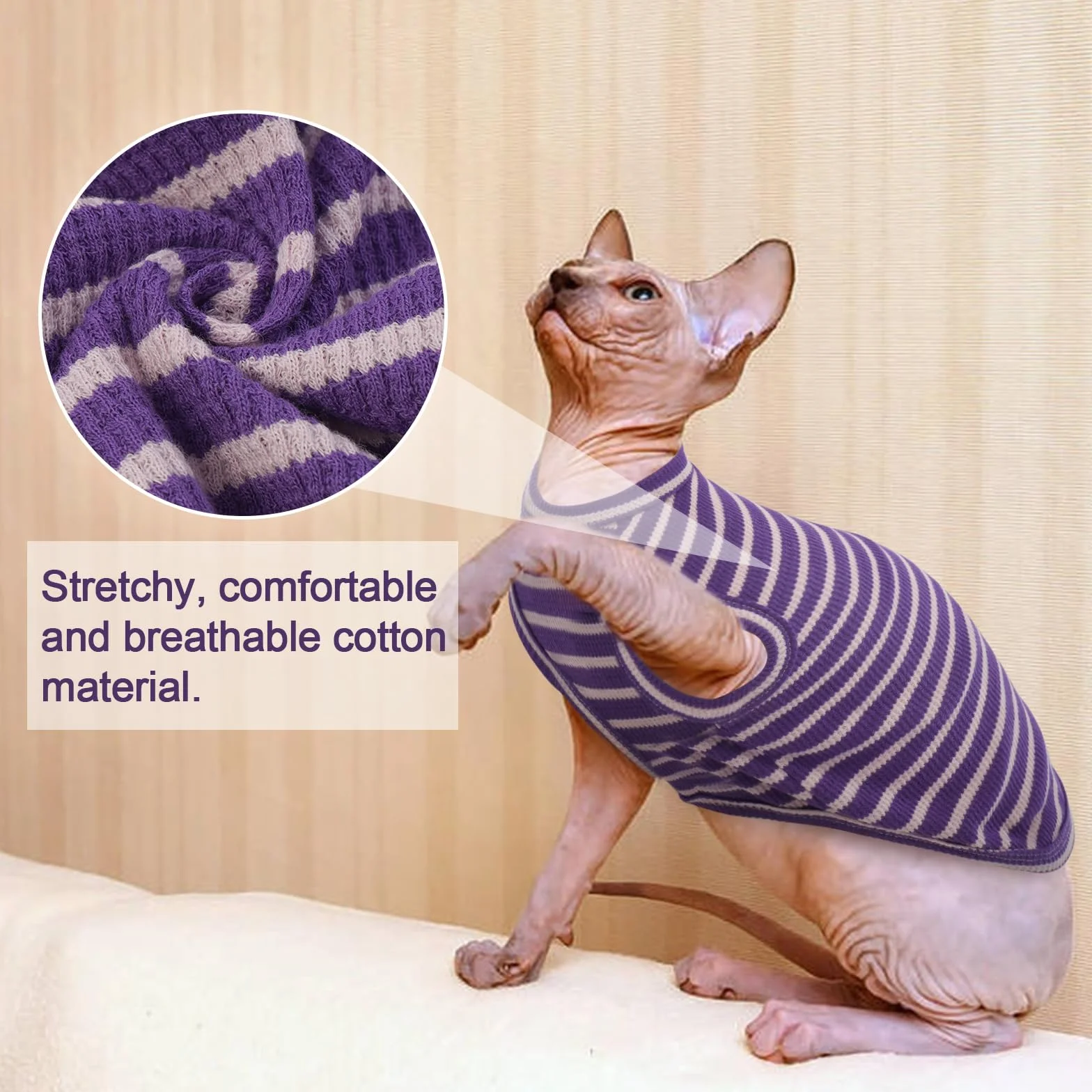 Sphynx Vêtements pour chat T-shirts respirants sans poils rayures sans manches pull-over été animaux de compagnie Cornish Rex