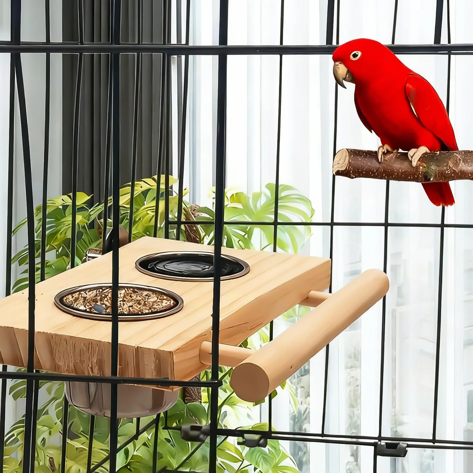 Lot de 2 gamelles pour oiseaux en acier inoxydable avec perchoir en bois, perruches, calopsittes