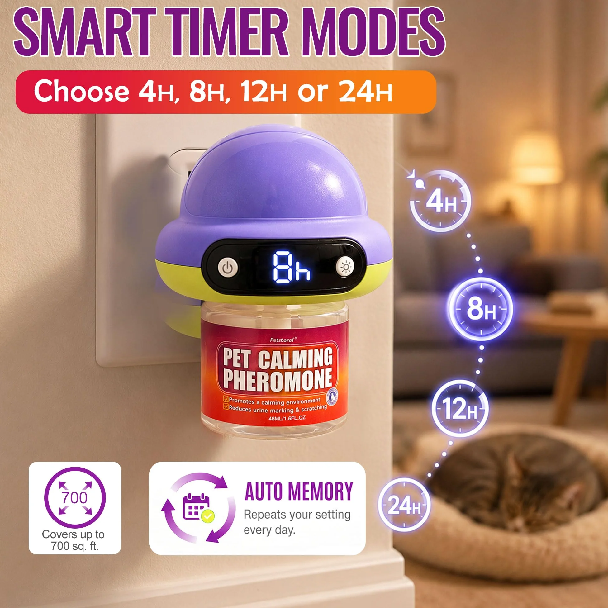 Petstoral Diffuseur de phéromones pour chat avec minuterie, programme intelligent de 4/8/12/24 heures, aide à réduire l'anxiété, la pulvérisation d'urine, les rayures et l'agression pour les maisons