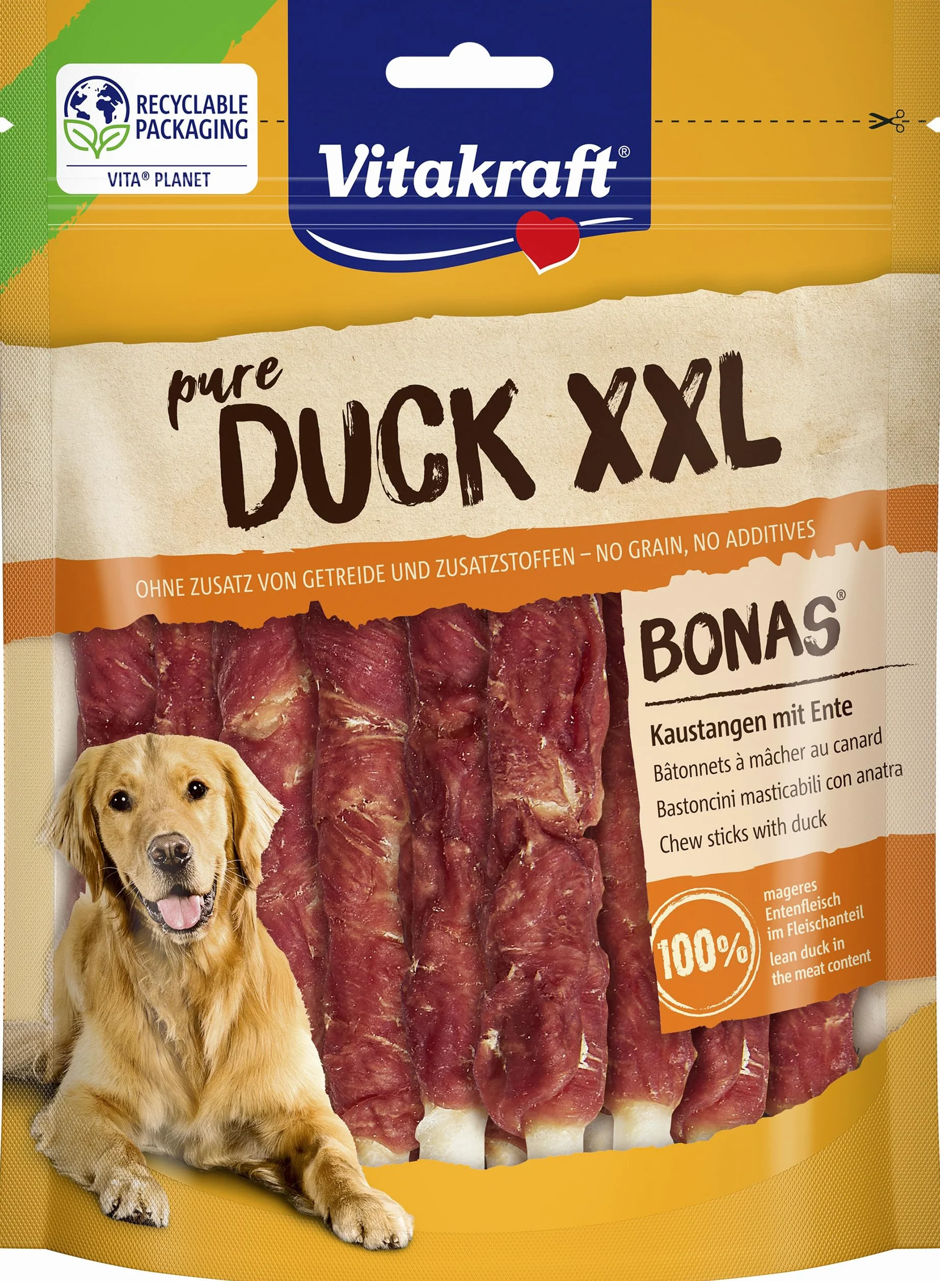 VITAKRAFT Pure Duck XXL Bonas, Friandises pour Chien, Bâtonnets À Mâcher Au Canard, sans Sucre Ni Céréales Ajoutés (200G)