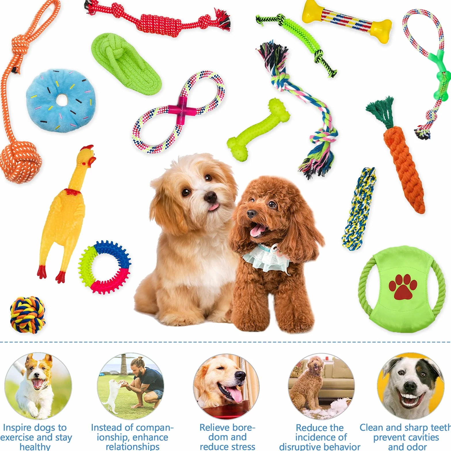 Amzeeniu Ensemble Lot de 16 PCS Jouet à Mâcher Corde pour Chiens, Jouet Interactif Chien Corde Balle