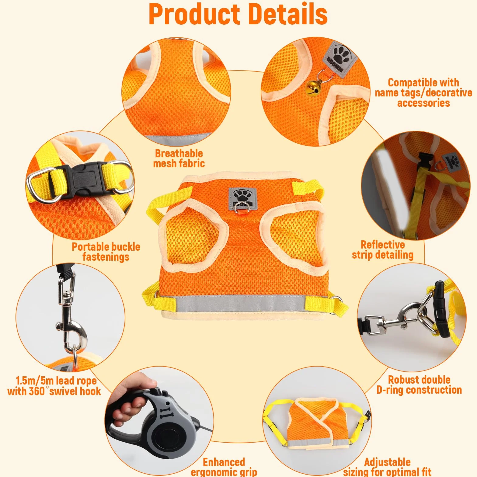 Harnais Chat Anti Évasion avec Laisse, Bandes Réfléchissantes, Laisse Automatique 5m, Réglable (Orange-Jaune, Taille M)