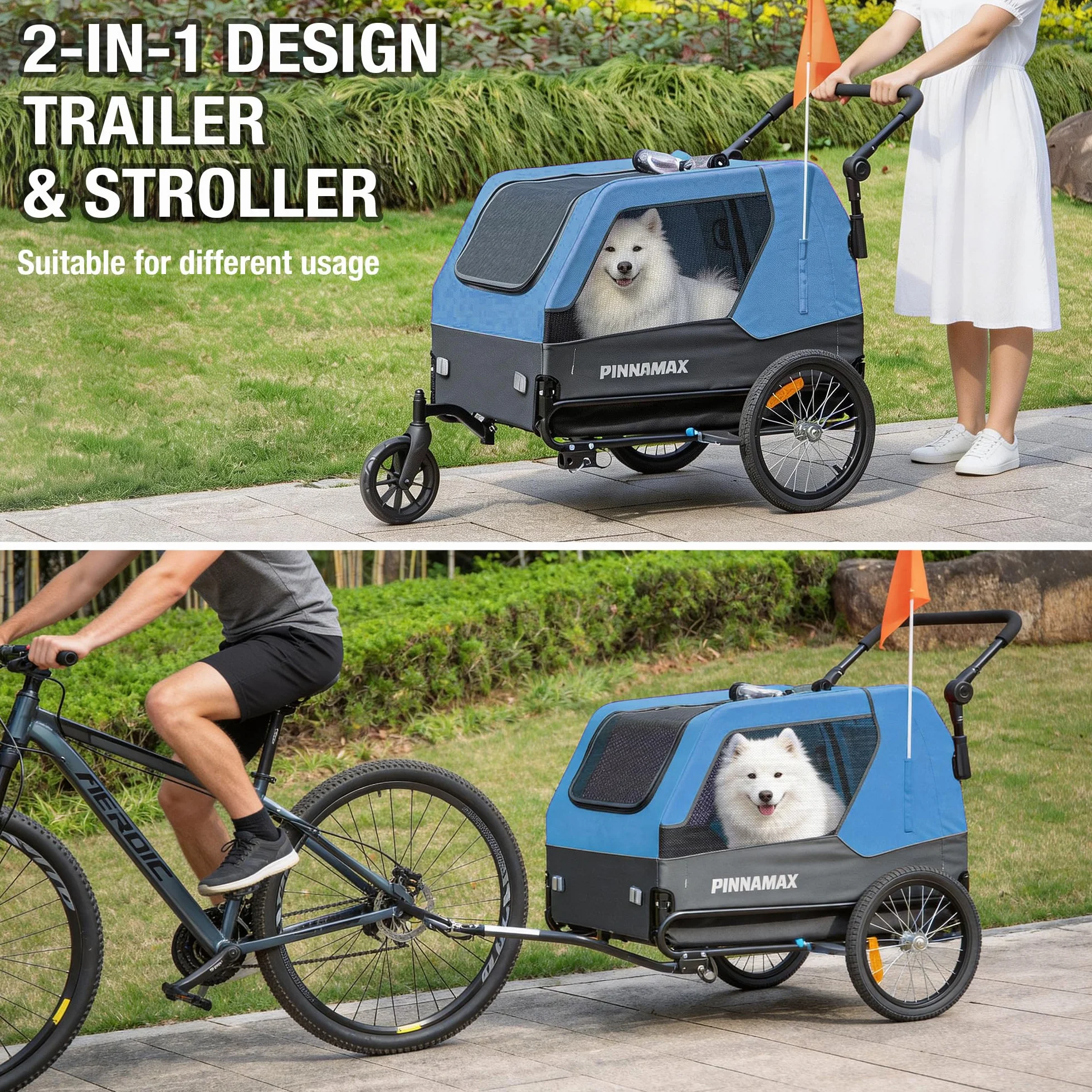 Remorque pour Chien PINNAMAX 2-en-1 45 kg Poussette vélo attelage Universel