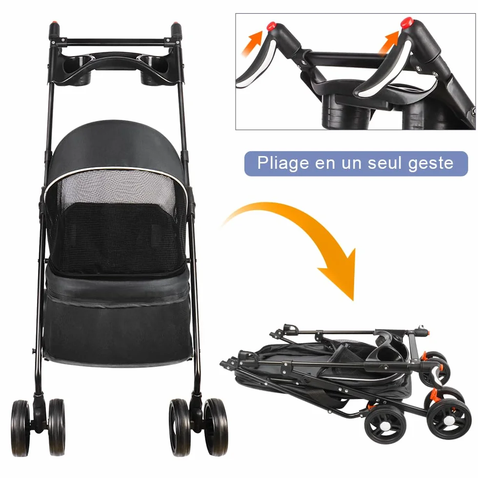 Poussette buggy pliable chien chat panier rangement porte-gobelets tissu 300D Oxford imperméable 4 roues 25 kg