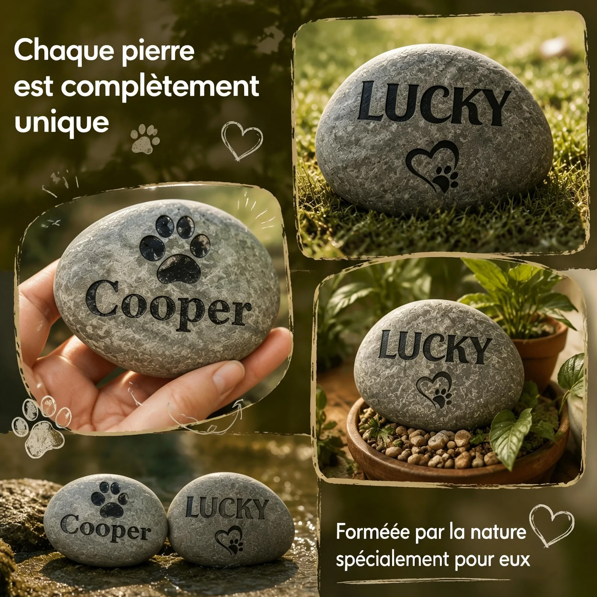 VEELU Plaque Funéraire Personnalisée Chien Chat, Pierre Commémorative Galet Naturel avec Texte, Marqueur Tombe Jardin Cimetière