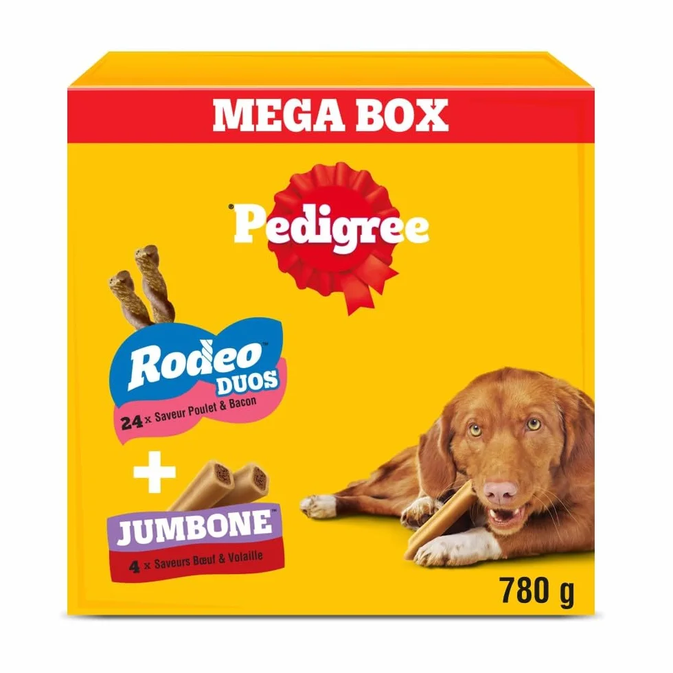 Pedigree Multipack 780 g Friandises pour Chien 24x Rodeo Duos Poulet et Bacon 4x Jumbone Bœuf et Volaille Mega Box