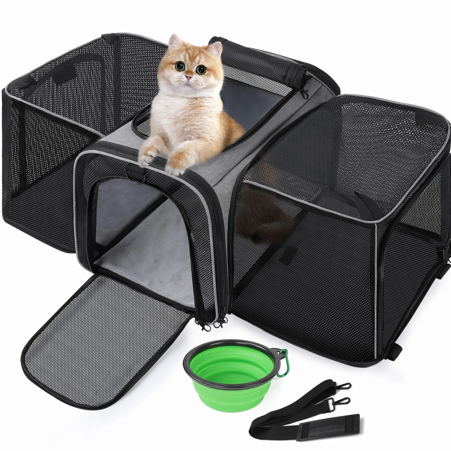 Pecute Sac de Transport Chat Extensible Grand Caisse Pliable Respirant pour Chats Chiens avec Bandoulière Réglable Bol