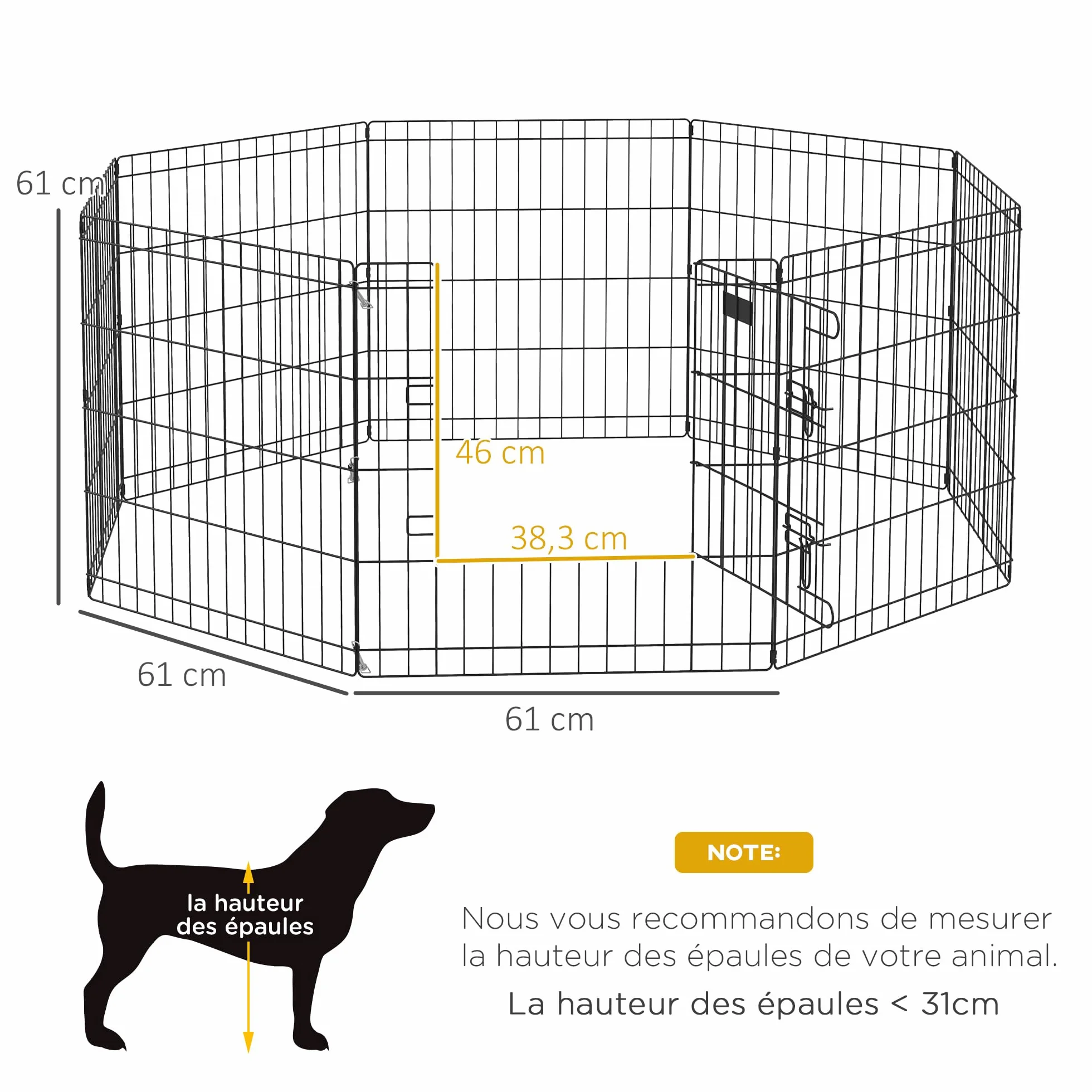 PawHut Parc enclos modulable pour Chiens Lapins rongeurs clôture Petits Animaux intérieur extérieur Pliant 1 Porte 8 Panneaux Fil métal 61 x 61 cm Noir