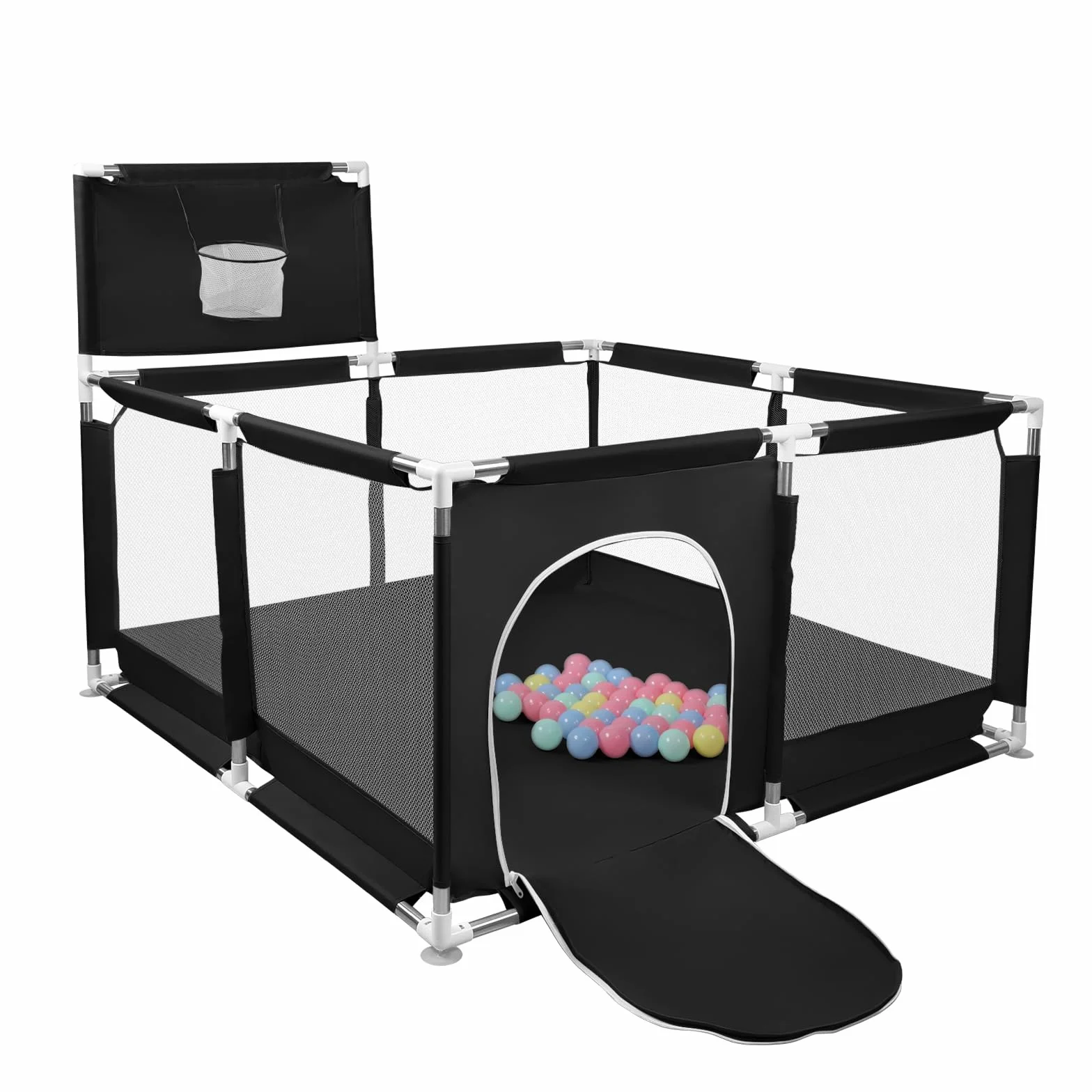 Parc à Chiots avec Porte, Clôture Solide en Tissu épais et Filet Nylon, 126x126x66cm, Noir