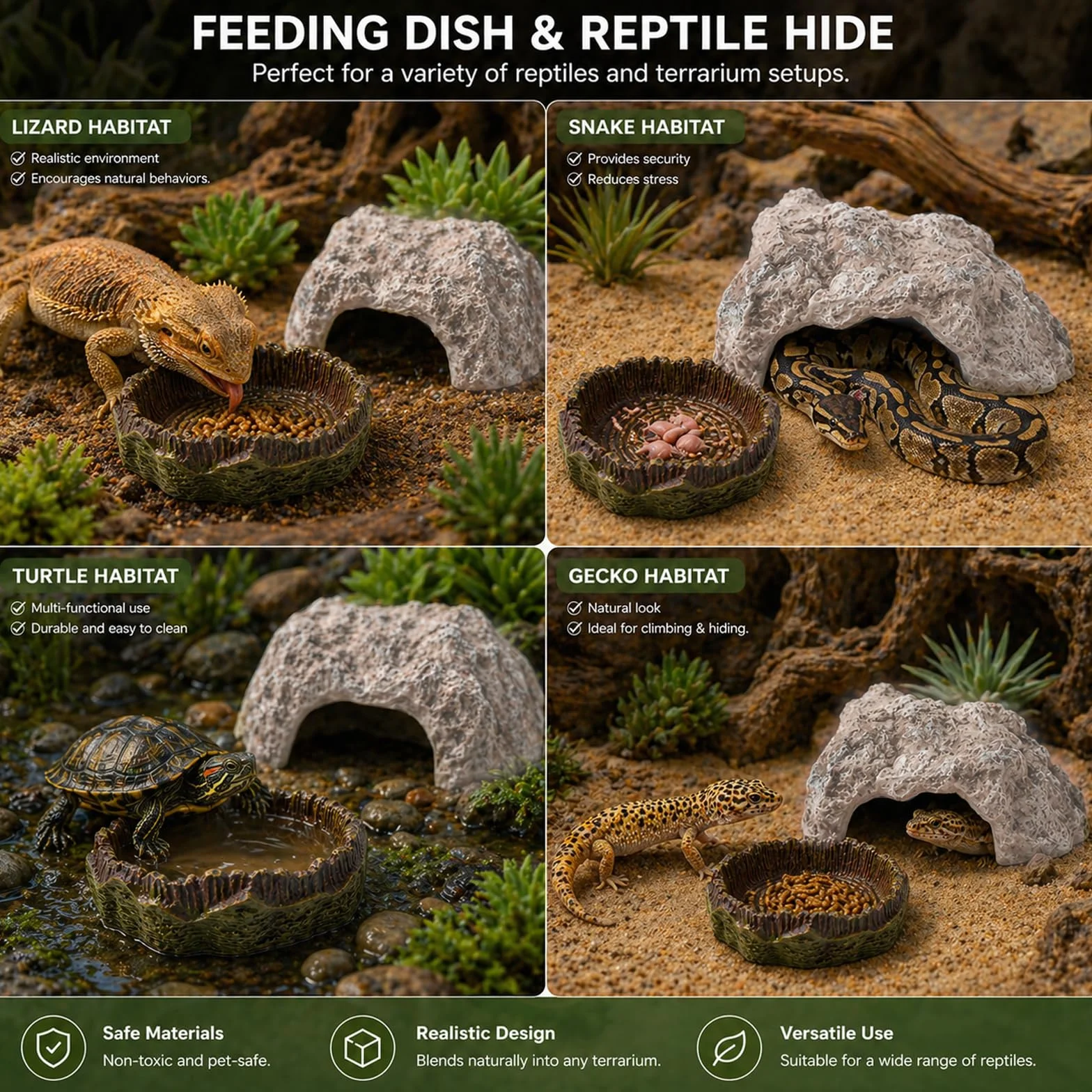 Cachette de Roche Reptiles avec Gamelle Grotte pour Tortue Terrestre Terrarium Décoration pour Petits Lézards Tortues
