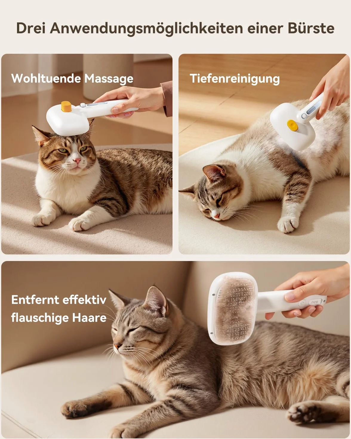 ROJECO Brosse pour chat vapeur 3 en 1 anti-sous-poils nœuds auto-nettoyage 3 modes pulvérisation poils longs courts chiens