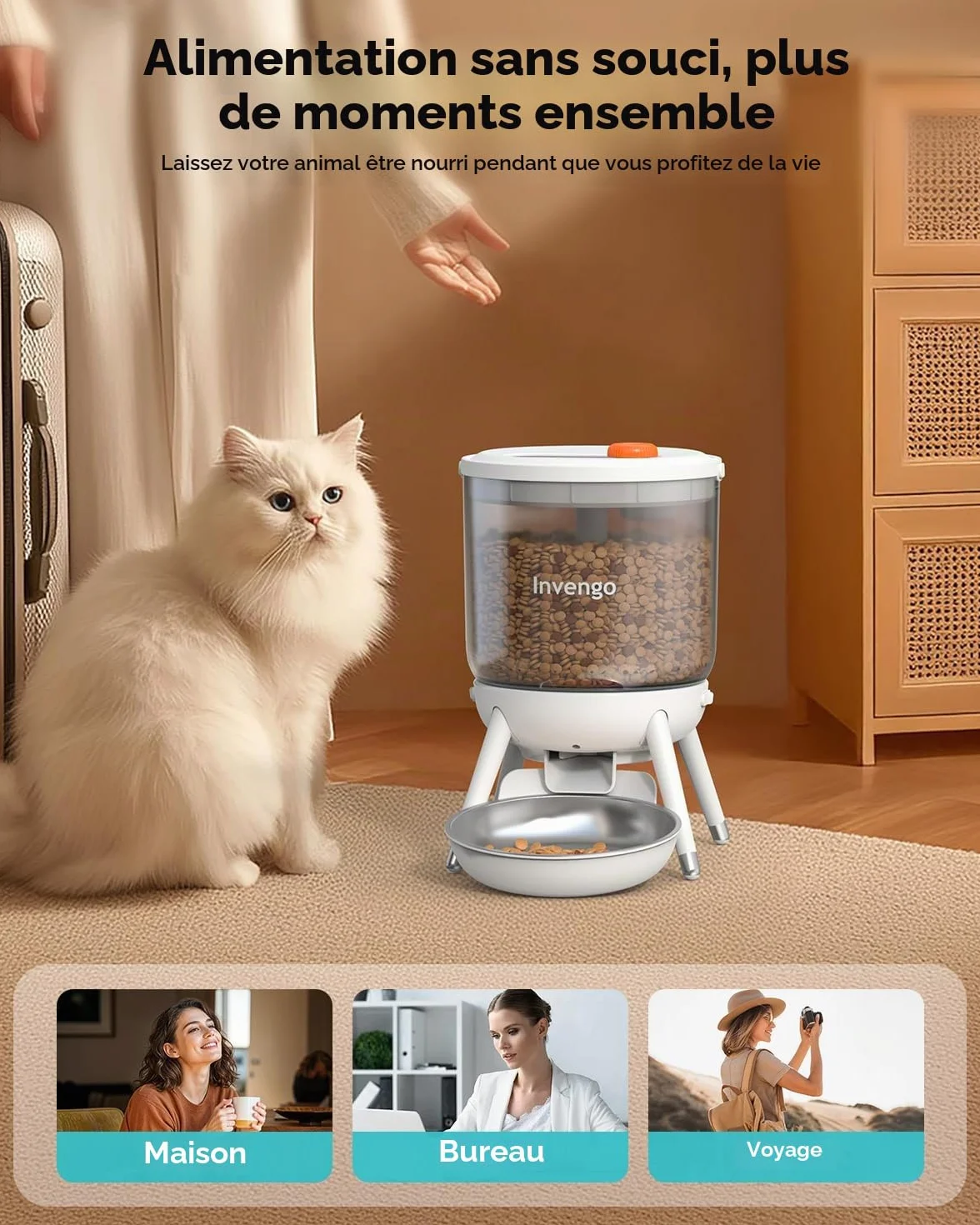 Distributeur Croquettes Chat Automatique Programmable Invengo, Double Alimentation, Anti-Insecte, Trémie 3L, Blanc