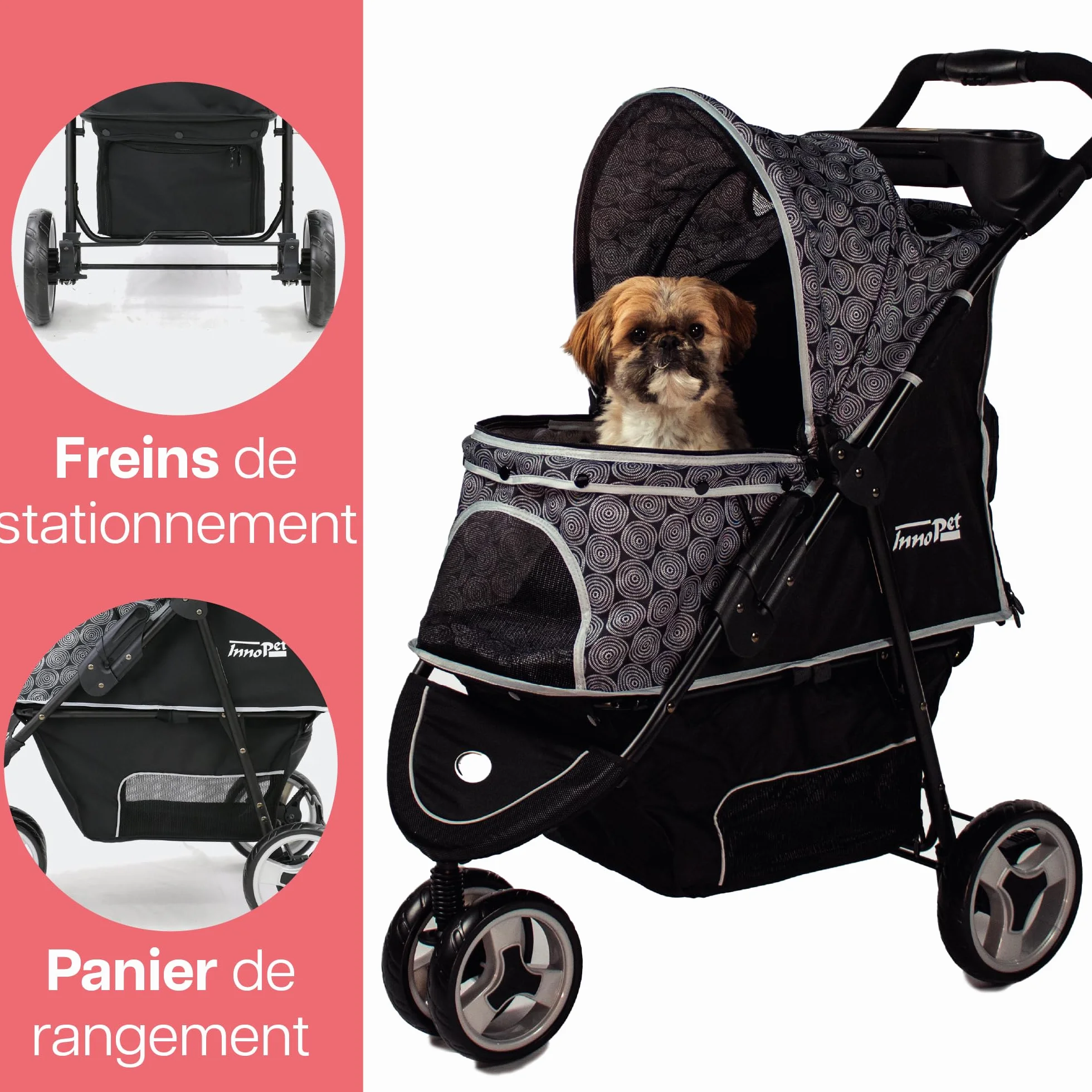 Poussette pour chien Innopet Allure Onyx - Design élégant - Roues pivotantes à 360° - Panier de rangement - Poussette pour animal compacte et pliable