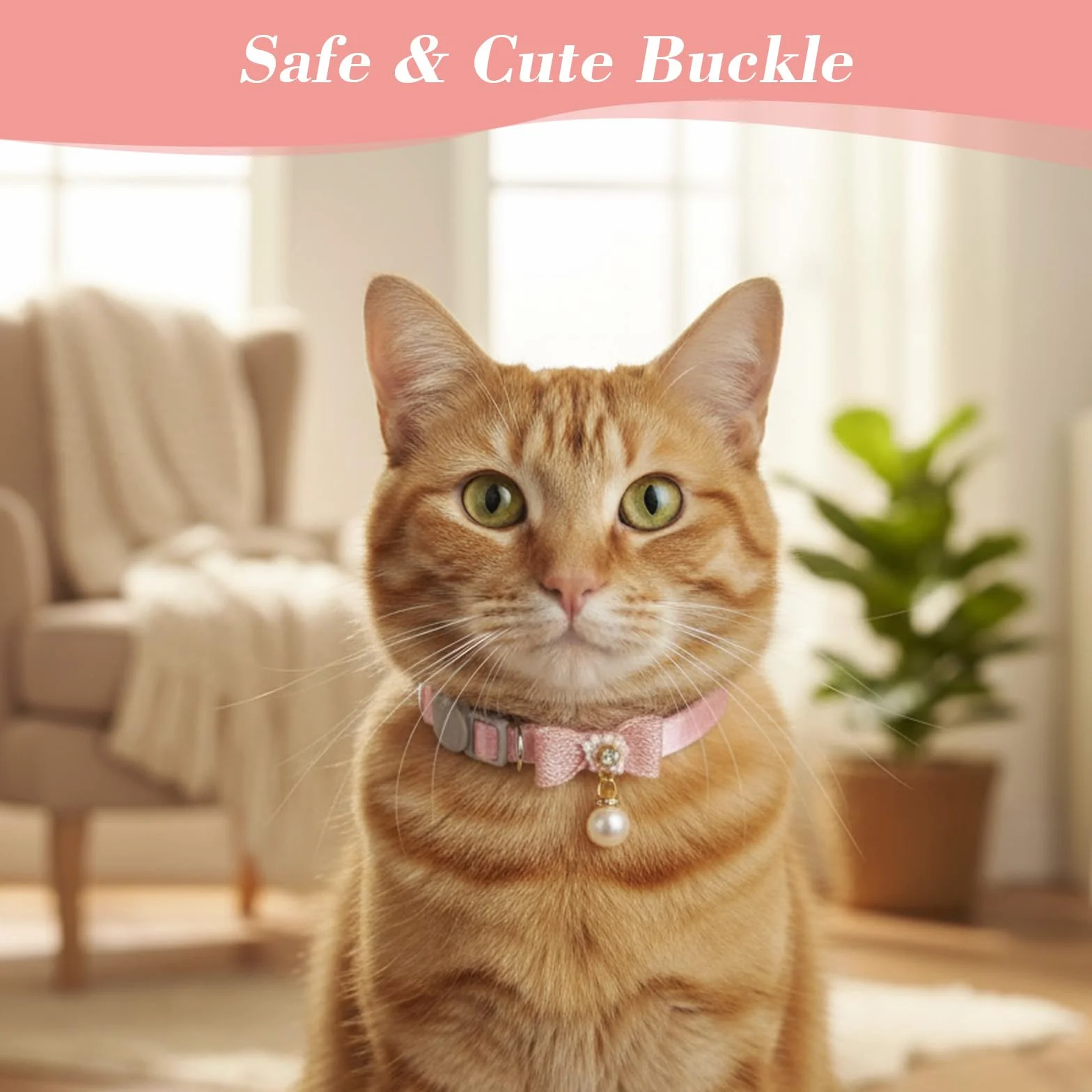 Collier pour chat réglable rose avec pendentif perle, boucle sécurité nœud papillon