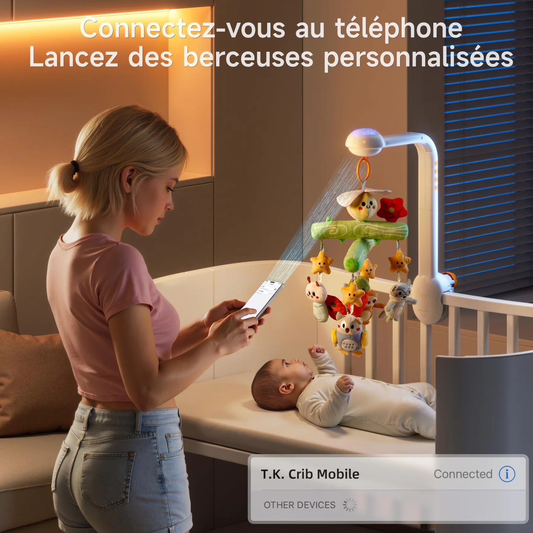 Veilleuse Bébé avec Projection Lumière, Mobile Musical Lit Bébé 0-9 mois, Télécommande Jouet Sensoriel