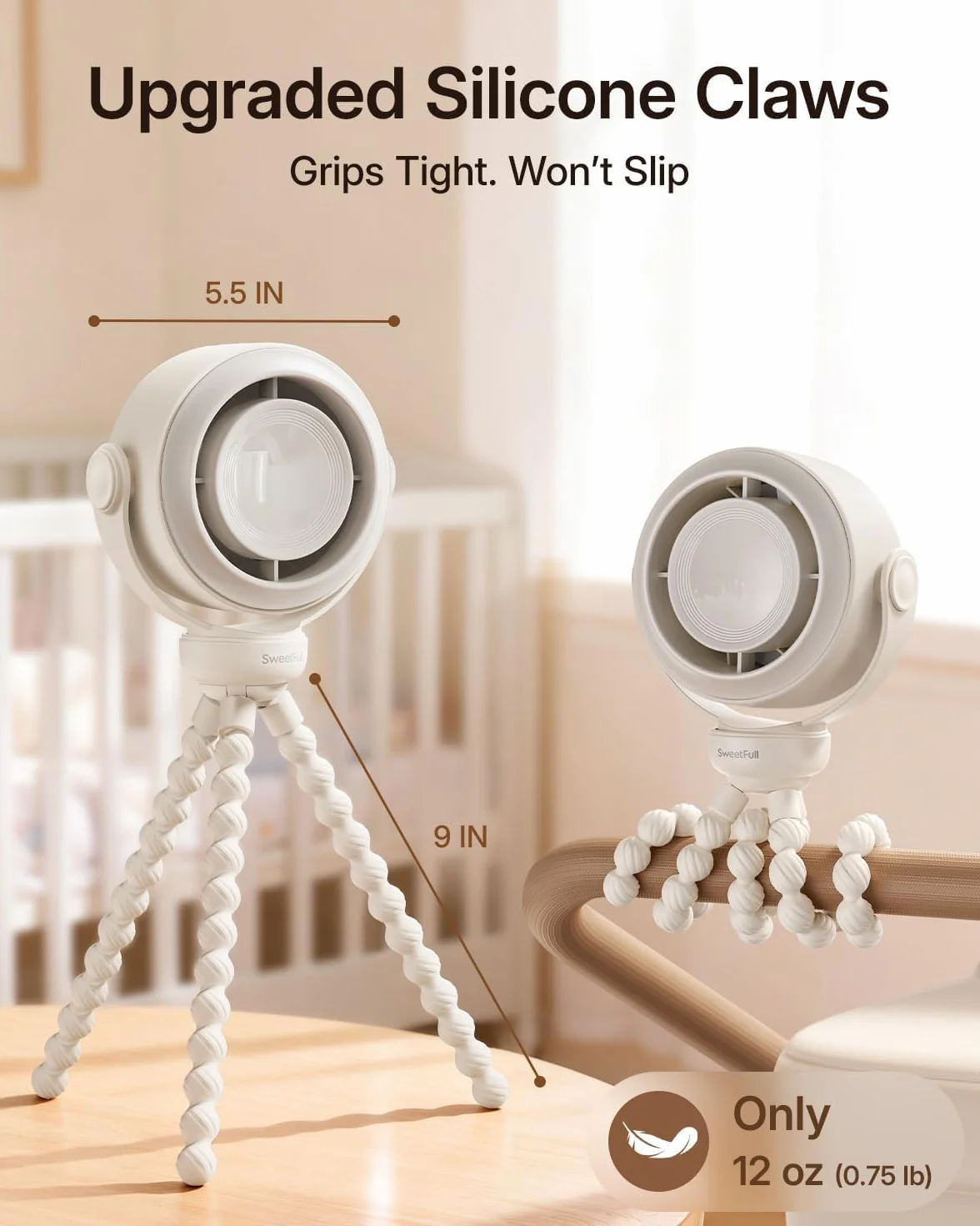 SWEETFULL Ventilateur Poussette Portable, Mini Bebe Ventilateur, Batterie 10 Heures, Rotation 360° Détachable, 5 Vitesses, Rechargeable USB