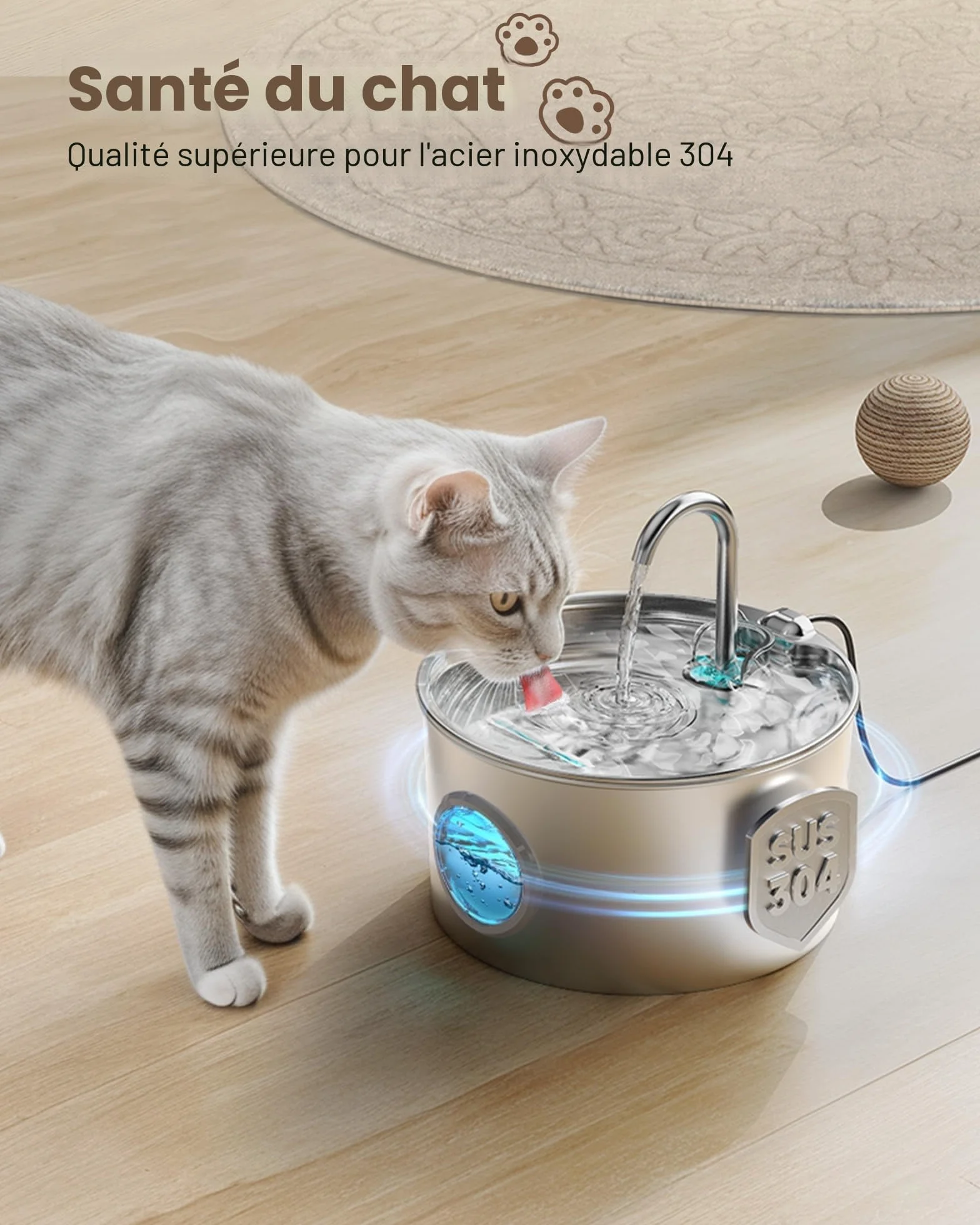 Fontaine à Eau pour Chat Automatique INOX 2,2L avec Filtre - Silencieux Distributeur Eau Chats