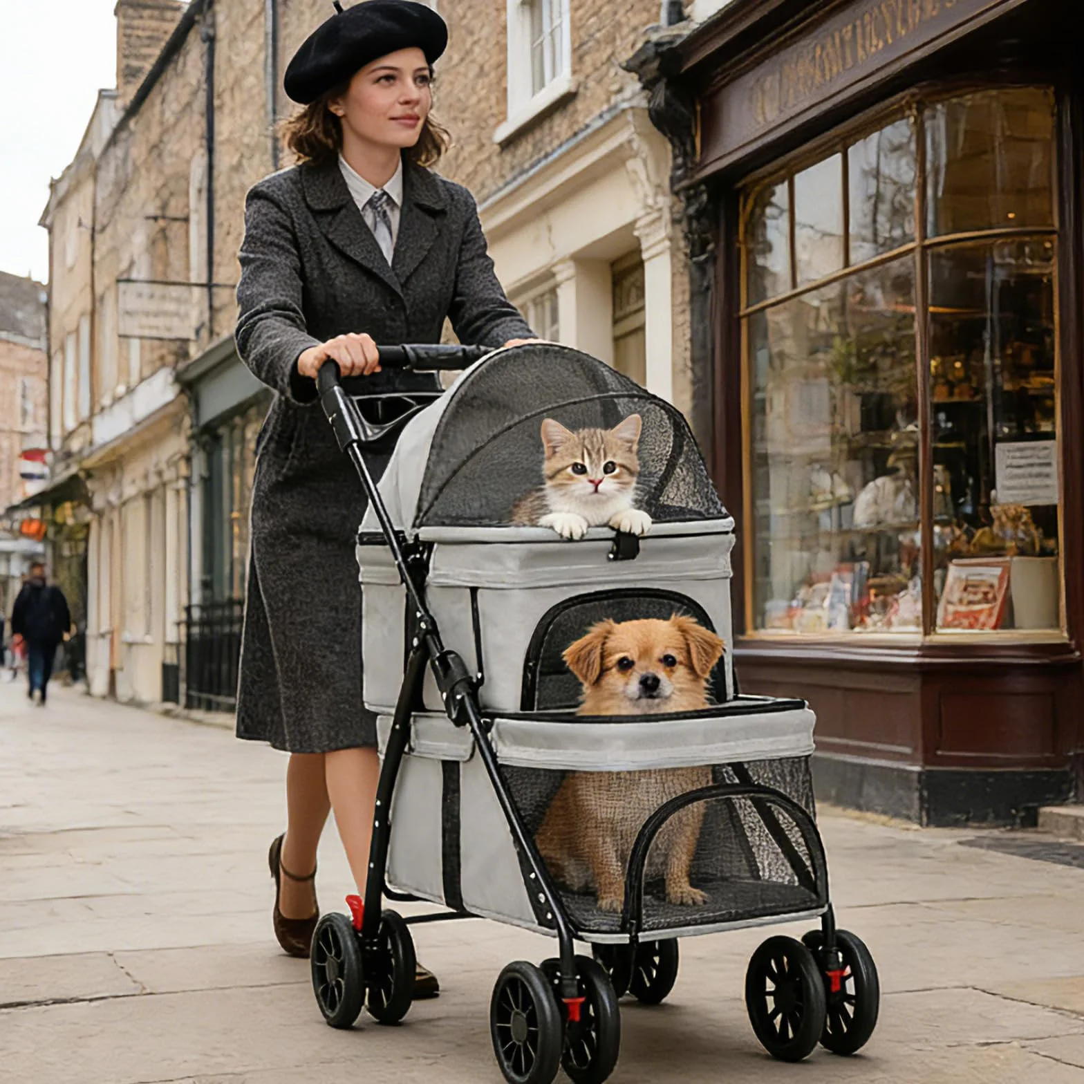 Poussette double pliable pour chats et chiens 2 chariots 4 roues avec sac de rangement et porte-gobelet Gris
