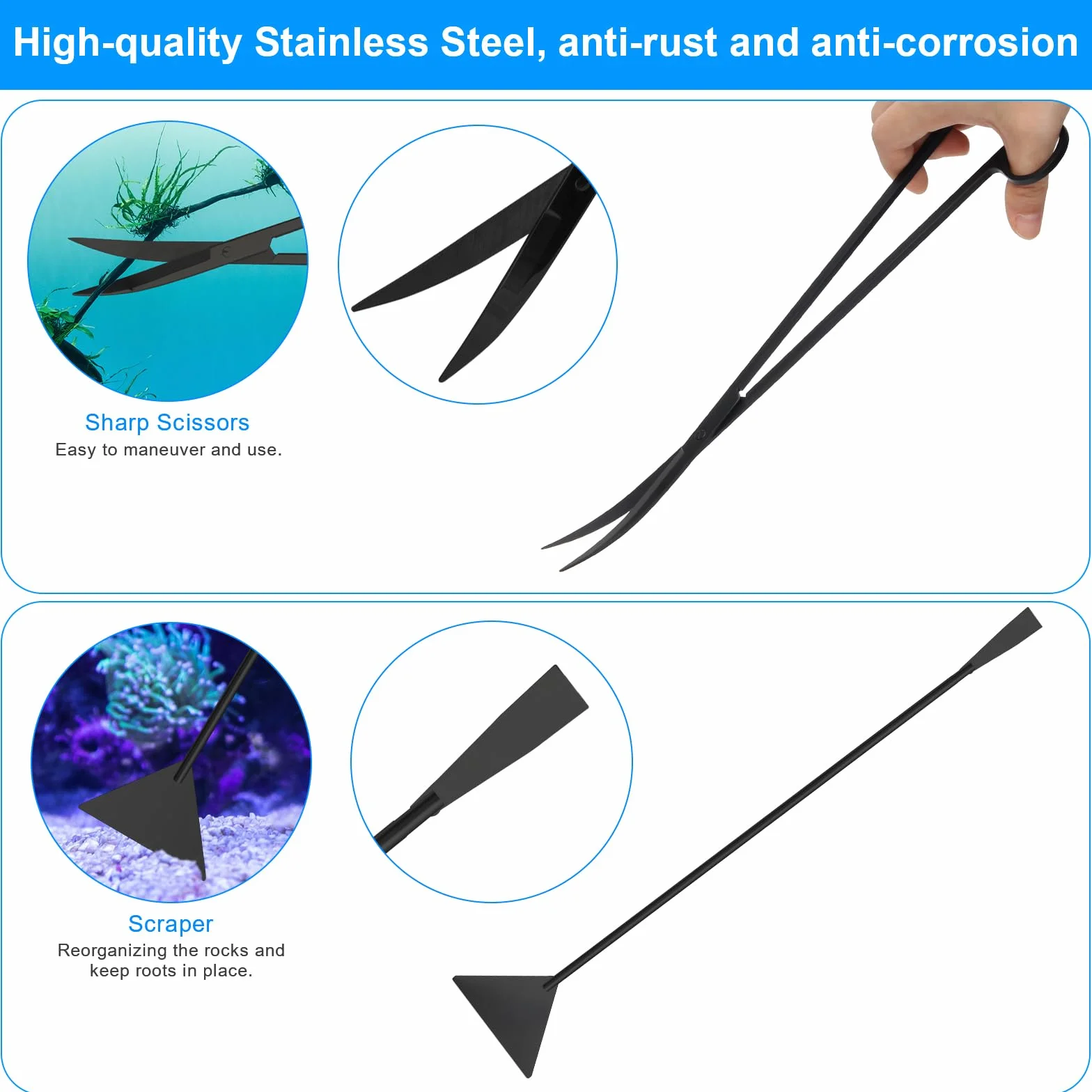 Kit d'aquarium extra long 38 cm 6 en 1 acier inoxydable outil aquascaping pince épiler ciseaux spatule nettoyage