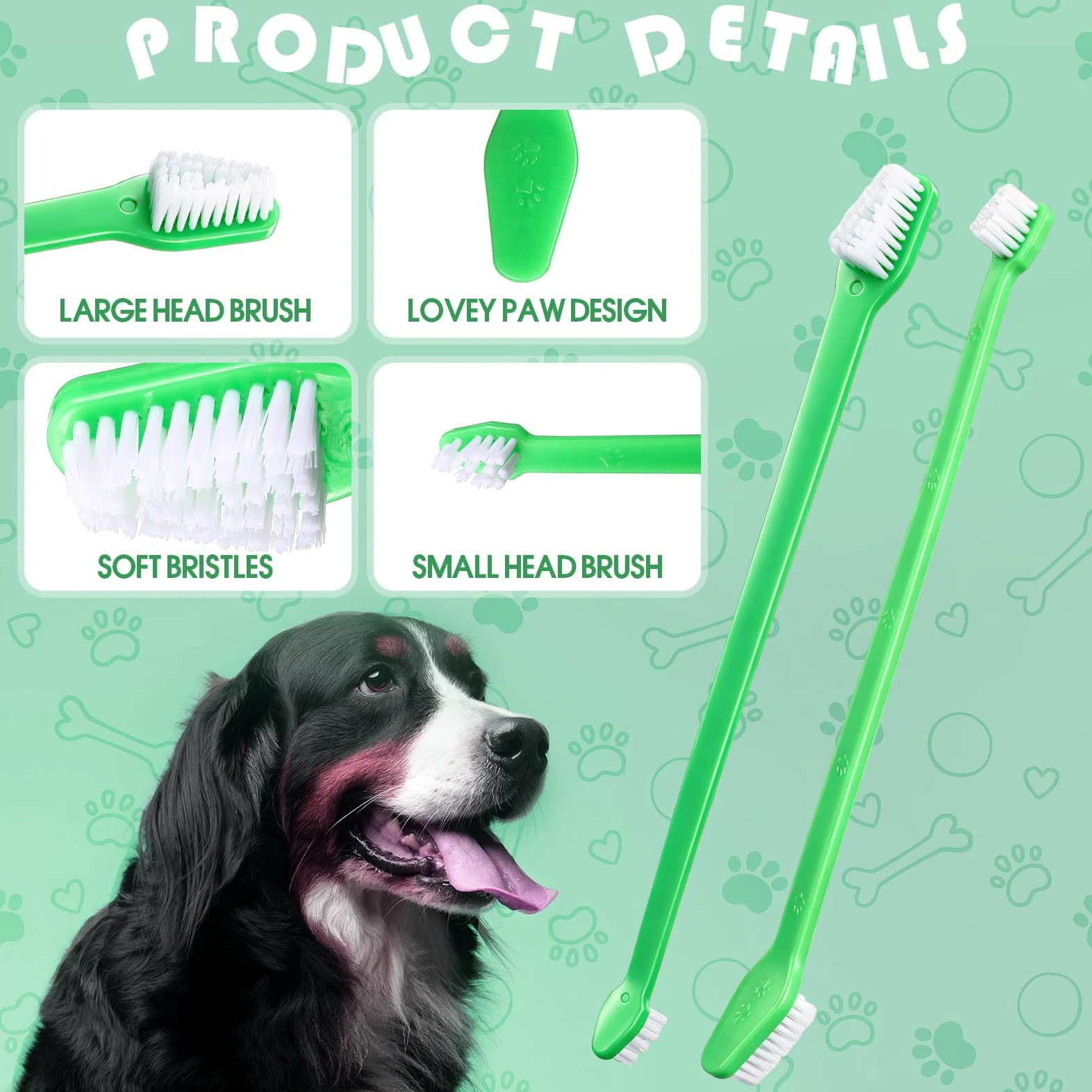 Gerrii Lot de 200 brosses à dents à double tête pour chien - Manche long - Poils doux - Brosse à dents pour chien et chat - Pour la plupart des animaux de compagnie - Nettoyage dentaire dentaire (vert