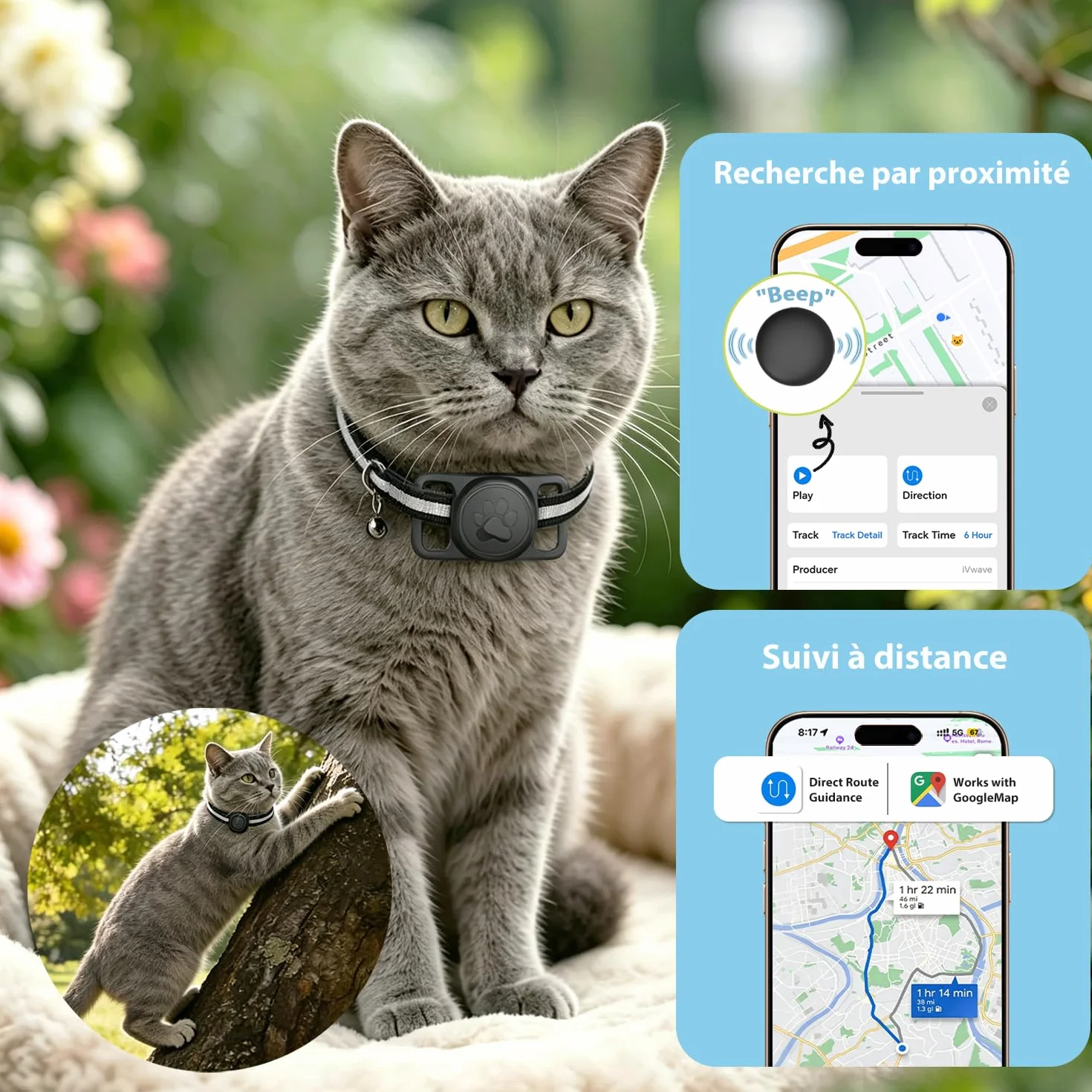 Mini Traceur GPS Chat Collier GPS Chat Flexible sans Abonnement Suivi Temps réel étanchéité Noir