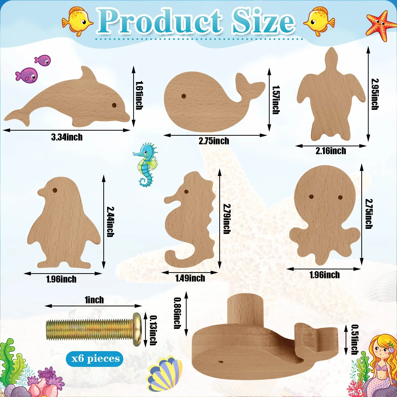 Lot de 6 boutons d'armoire en bois animaux marins – Poignées de commode décoratives avec vis – Poignées de meubles pour tiroir chambre enfant