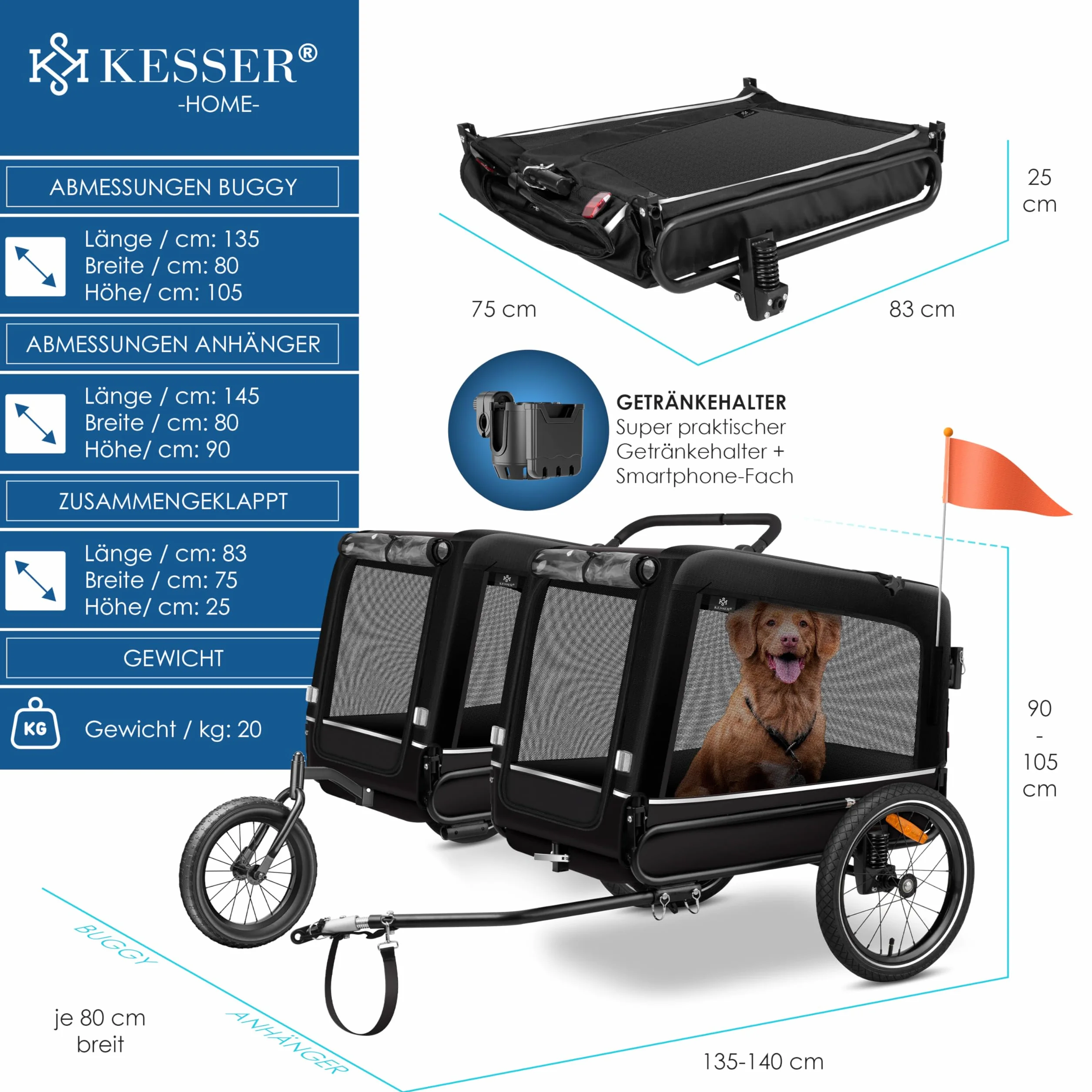 KESSER Remorque de vélo pour Chien XXL 240 litres avec suspensions imperméable capacité de charge 40 kg