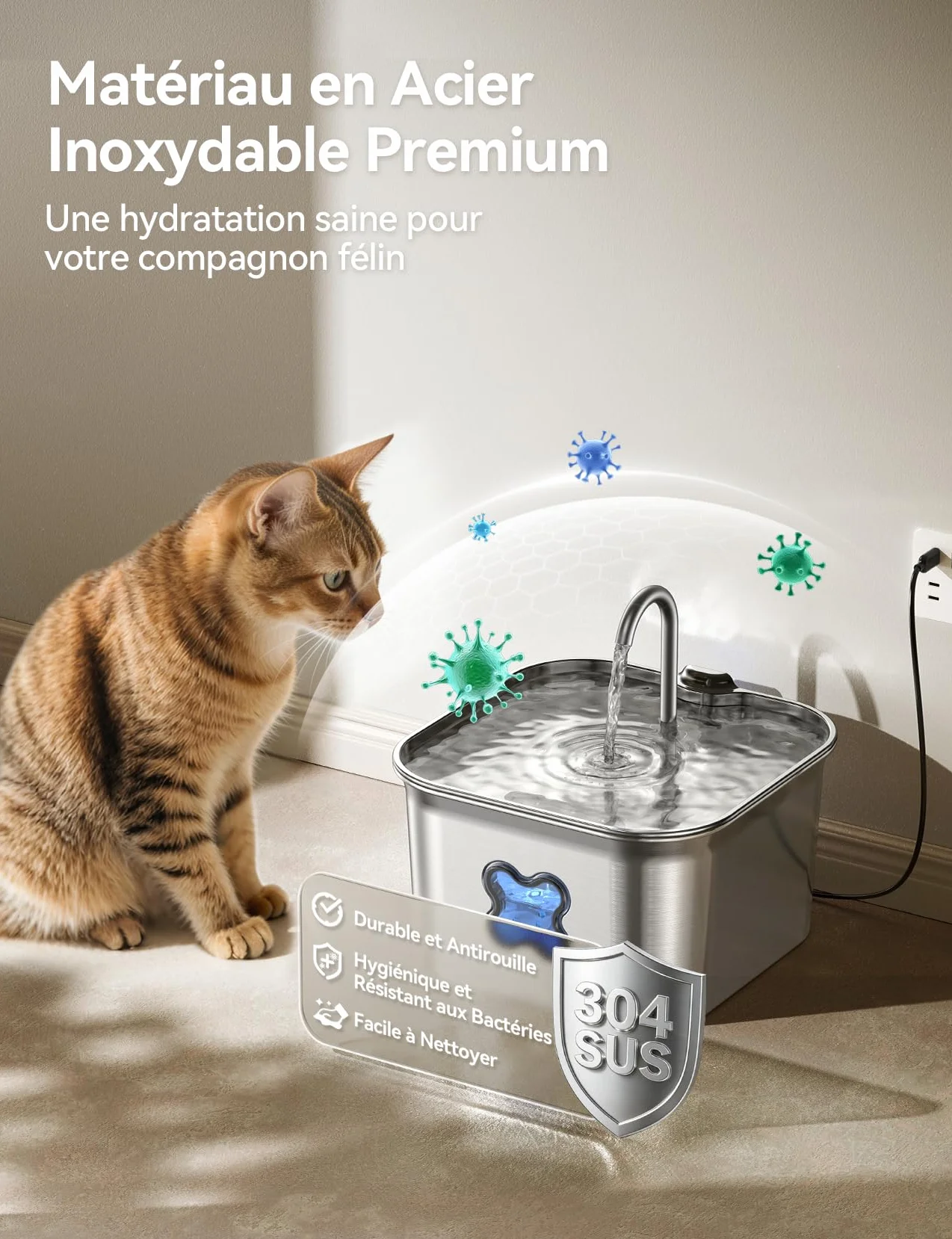 Fontaine à Eau pour Chat INOX 2,8L avec Système de Quadruple Filtration Silencieux