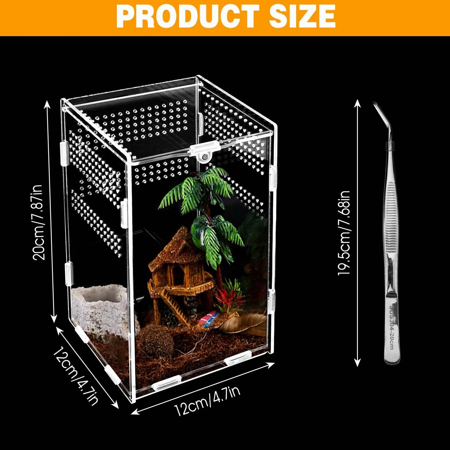 Terrarium Acrylique 20x12x12cm Boîte Alimentation Insectes Pinces Coude Anti-Évasion Portable
