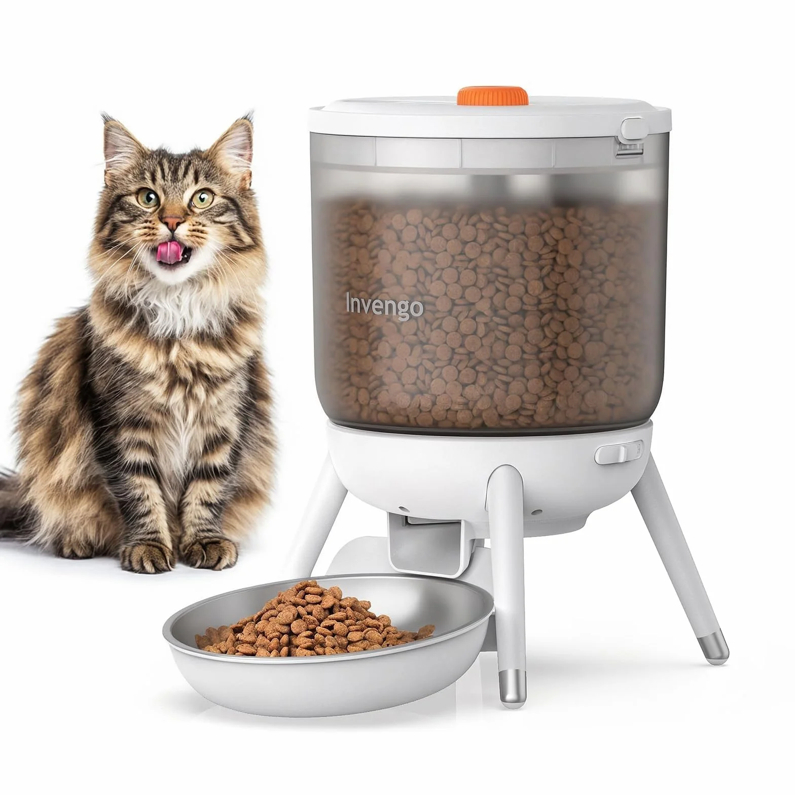Distributeur Croquettes Chat Automatique Programmable Invengo, Double Alimentation, Anti-Insecte, Trémie 3L, Blanc