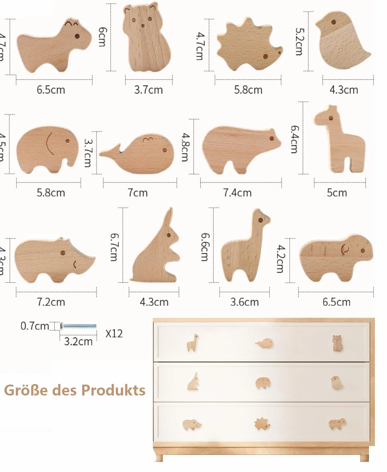LATRAT Lot de 12 Boutons d'Armoire en Bois - Poignées pour Tiroirs, Commode