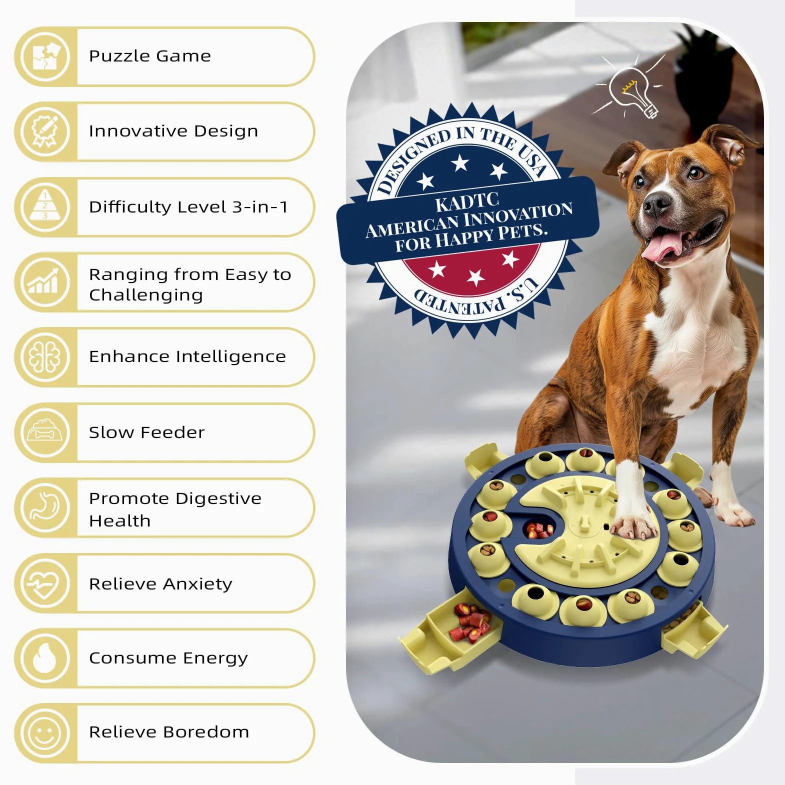 KADTC Jouet puzzle pour chien, marque et design américains, grande taille, 3 niveaux de défi étape par étape, 4 façons de jouer, débutant à avancé, anti-ennui pour chiens intelligents, stimulation