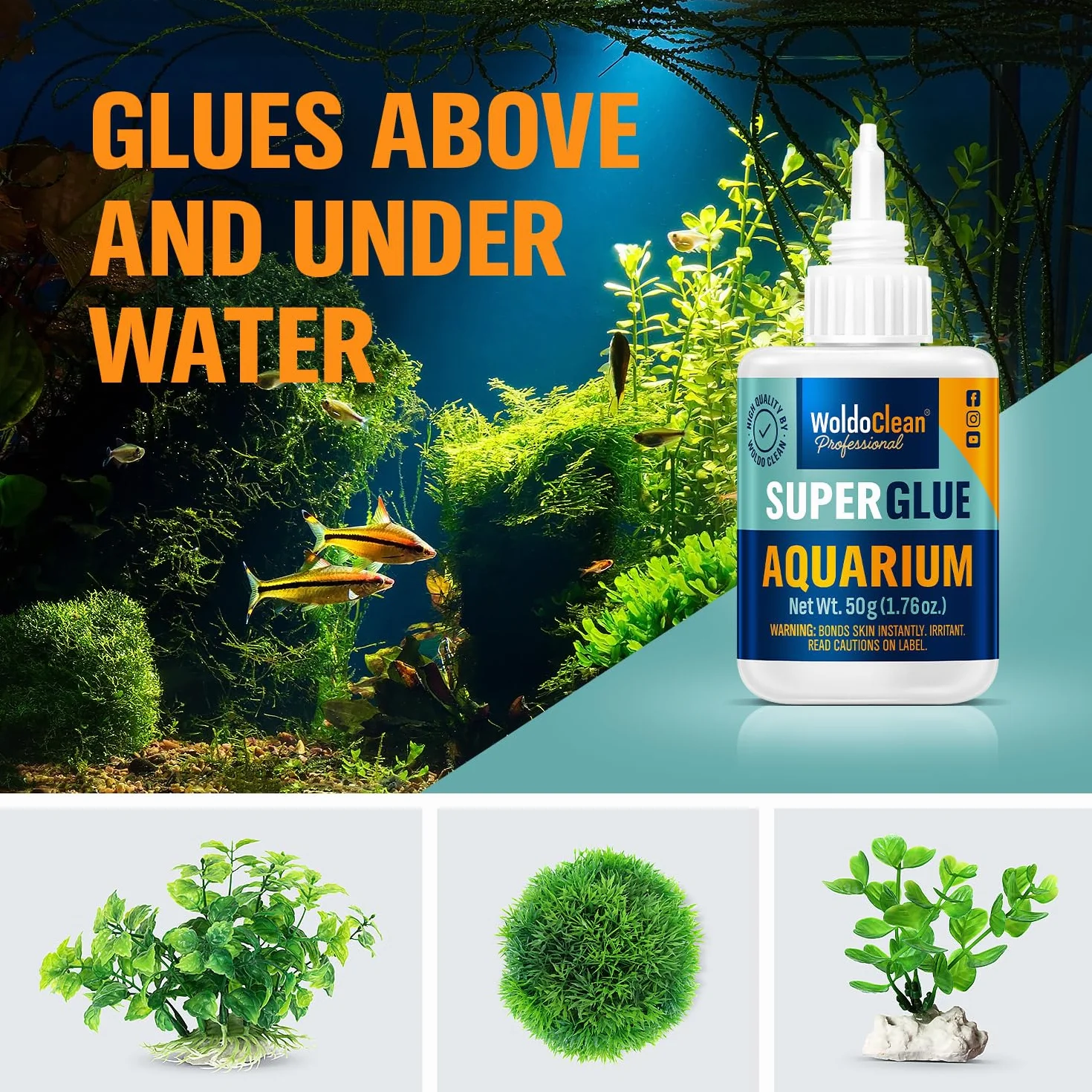 WoldoClean Colle Aquarium Colle Plante 50g Gel - Super Glue Forte pour Aquascaping, Colle Coraux Mousse, Colle Pierre Récif, Cyanoacrylate, Eau Douce, Transparent