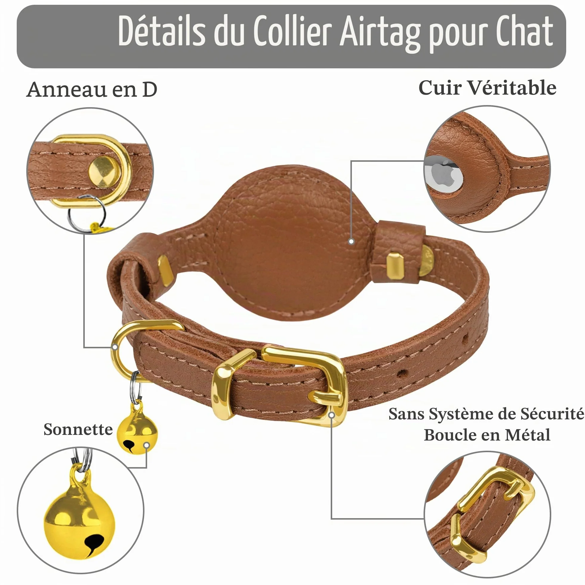 OOPSDOGGY Collier AirTag en Cuir pour Chat avec Clochette – Anti-Rupture Support Apple Air Tag GPS Léger (Brun)