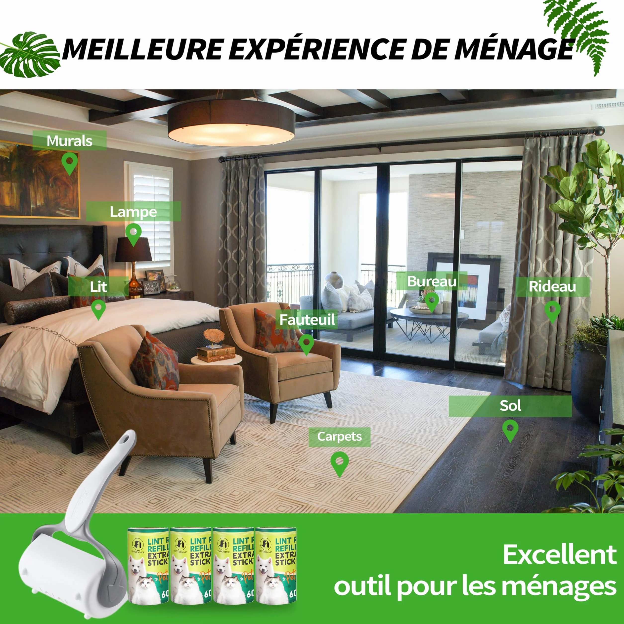 Rouleau Adhésif pour Poils d'Animaux 5 Recharges 300 Feuilles - Élimine Poils Chien Chat sur Vêtements Canapé