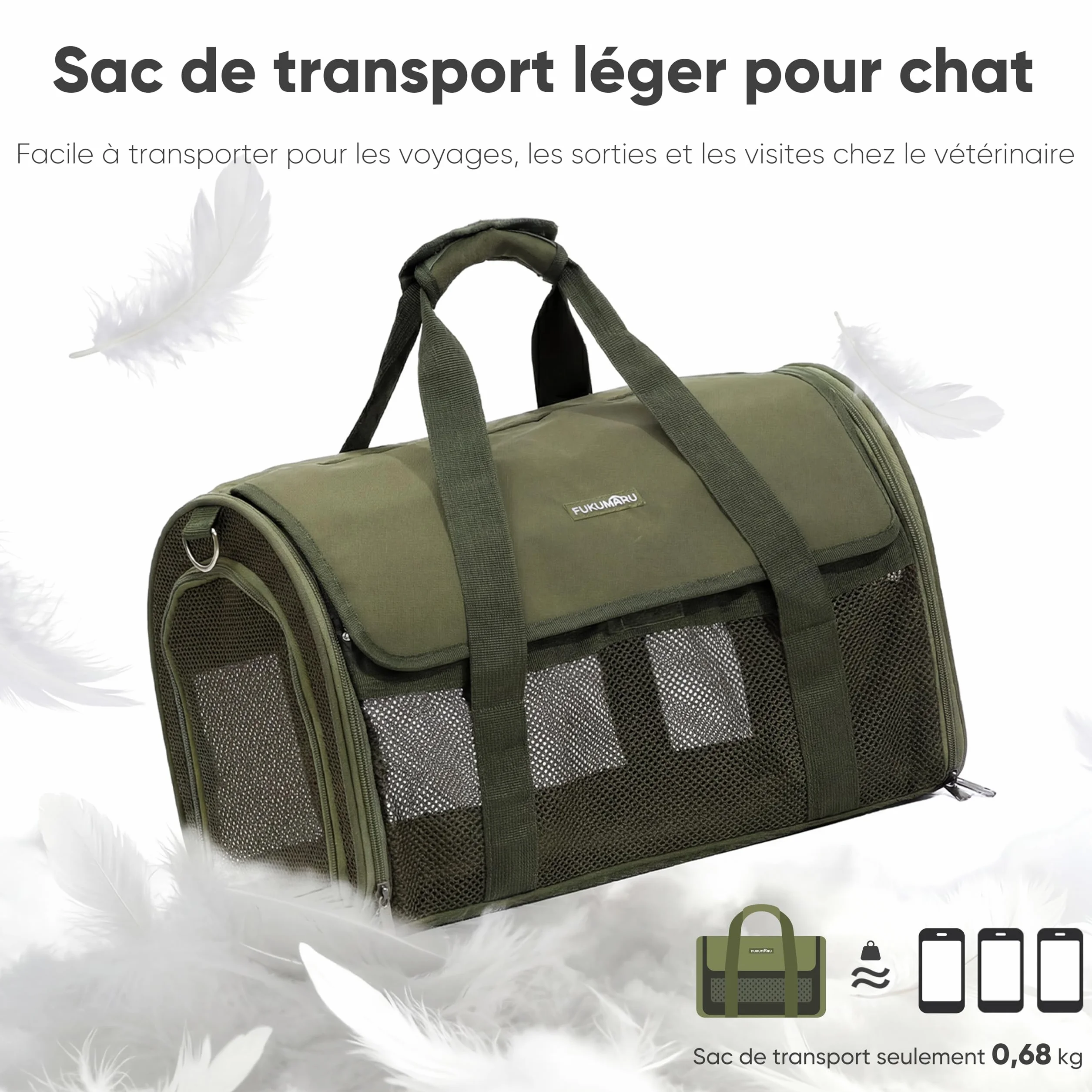 FUKUMARU Sac de Transport pour Chat, Léger, Aéré, 45x28x28 cm, Approuvé Cabine, Pliable, Vert