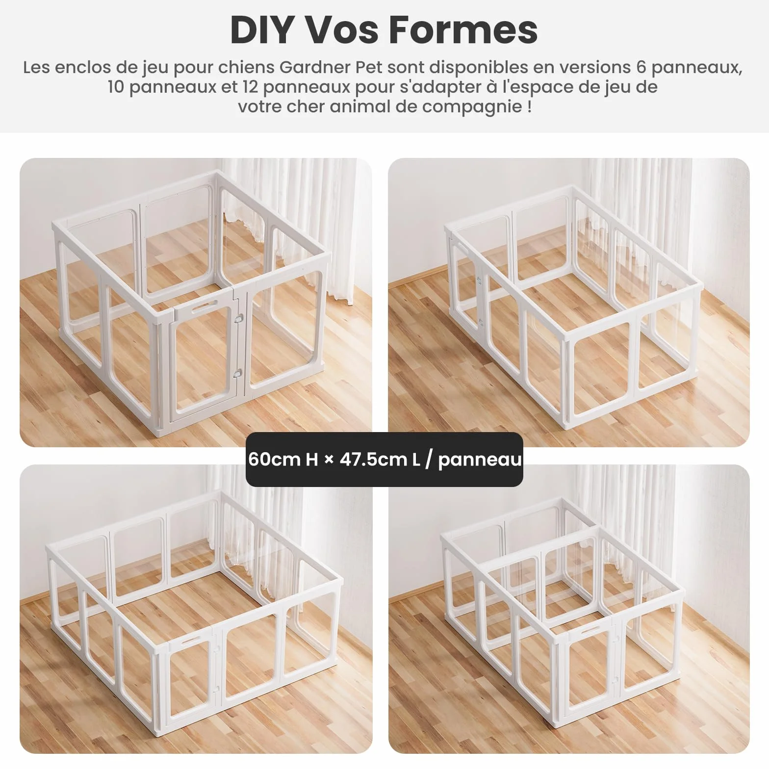 Gardner Pet Enclos pour Chien Transparent Acrylique 128x85x60cm 9 PCS + 1 Panneaux avec Porte Parc à Chiot Modulable Intérieur Blanc