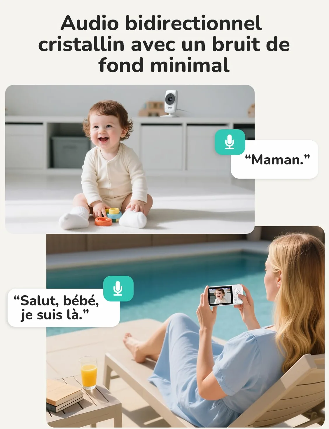 Babyphone Caméra Bébé Surveillance 3,2 pouces LCD 2100mAh Capteur de Température Vision Nocturne 2X Zoom Audio Bidirectionnel