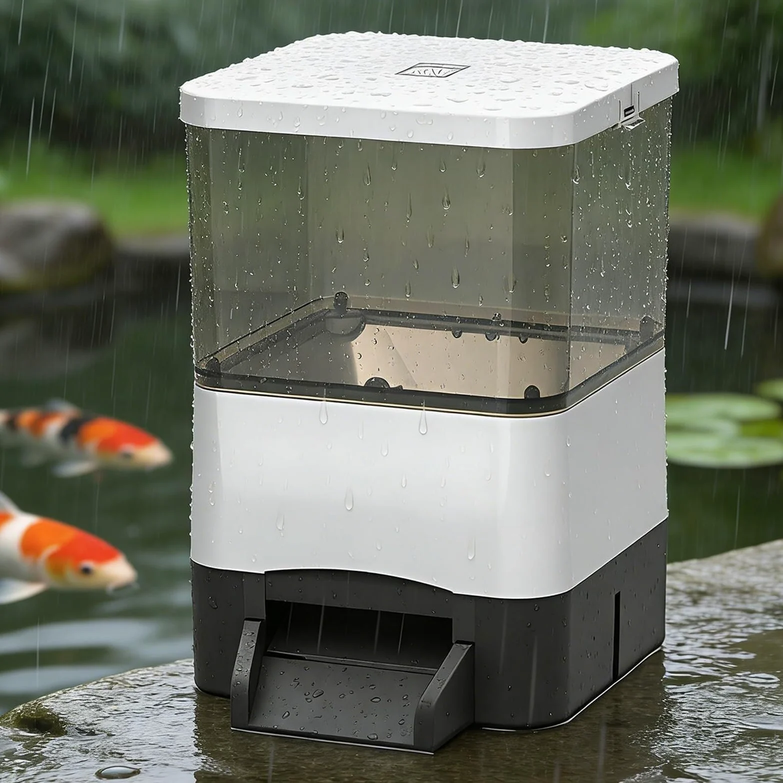 Mangeoire automatique pour poissons koï et poissons rouges, 10 L, étanche, avec minuterie, design résistant à la pluie et au soleil, batterie de secours, réglable 1 à 12 fois/jour