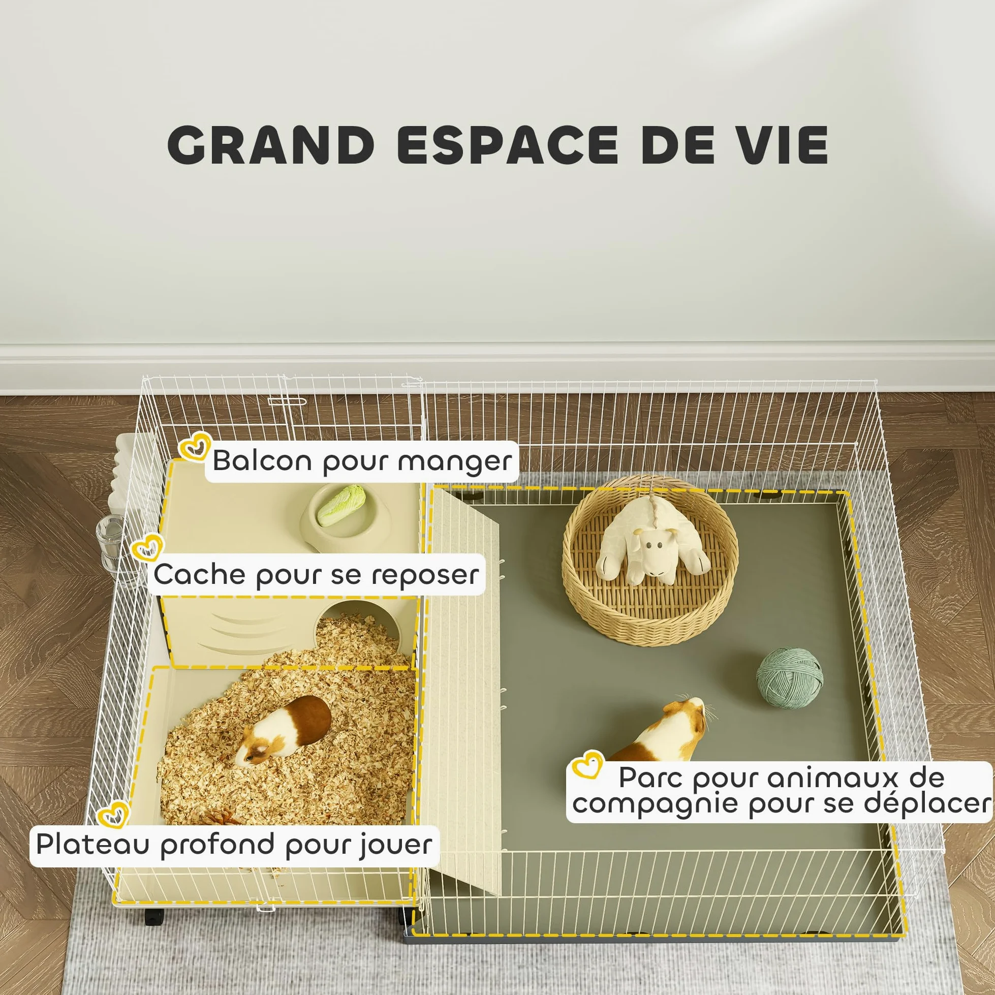 PawHut Cage Cochon d'Inde avec Parc Amovible 4 Roues pour Hérisson Beige | Cage pour Petits Animaux, Tapis Imperméable, Balcon, Bol d'Alimentation, Rampe à Couverture Souple