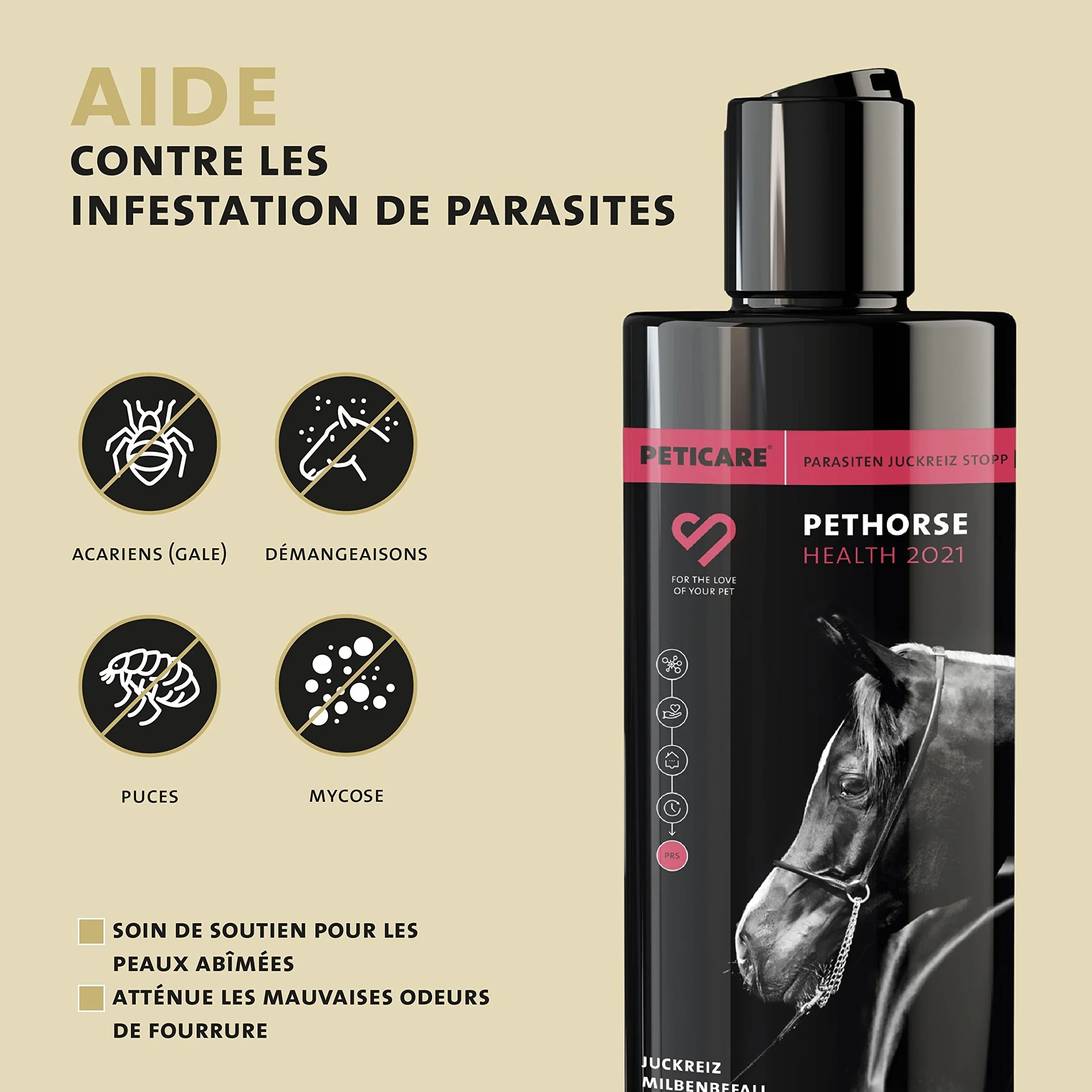 Peticare Shampoing Anti-Acariens Anti-Puces Chevaux Soin Peau Sensible