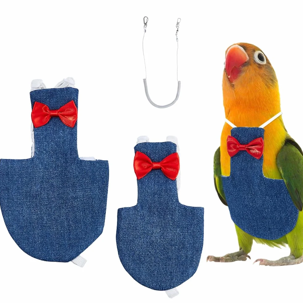Harnais Couche pour Oiseaux Combinaison Vol Smoking pour Calopsitte Costume Nettoyable Réutilisable avec Ressort Corde Fil Acier pour Perroquets Pigeons