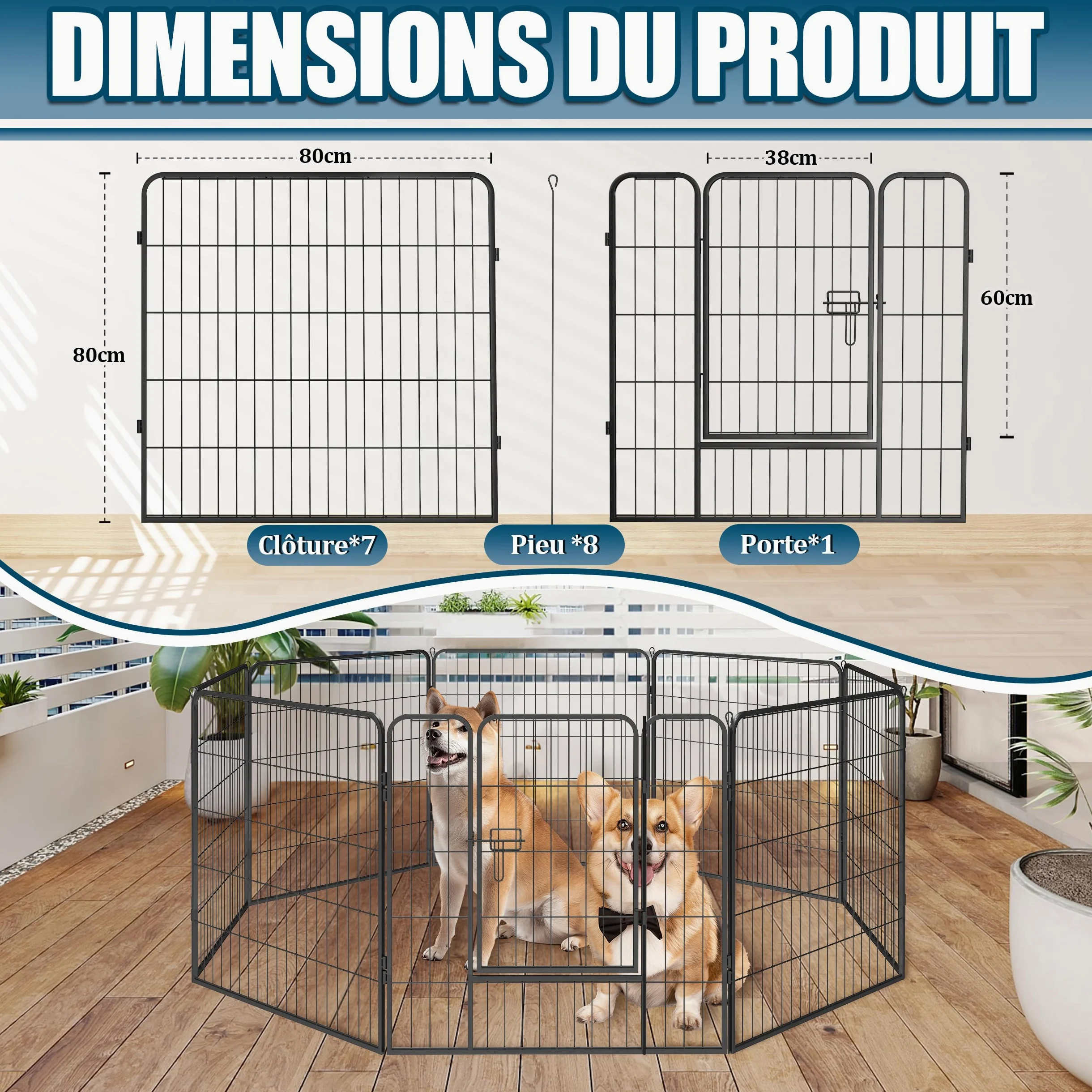 Enclos pour Chien Métal, Parc Chiot Intérieur & Extérieur 80x80cm | Clôture Modulable à 8 Panneaux avec Porte, Grillage Pliable, Barrière de Sécurité Extensible pour Petits Animaux Noir