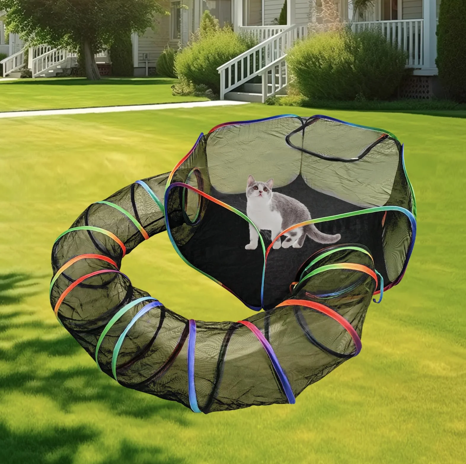Homegroove Catio Enclos d'extérieur pour chat tunnel circulaire portable avec sac de transport arc-en-ciel