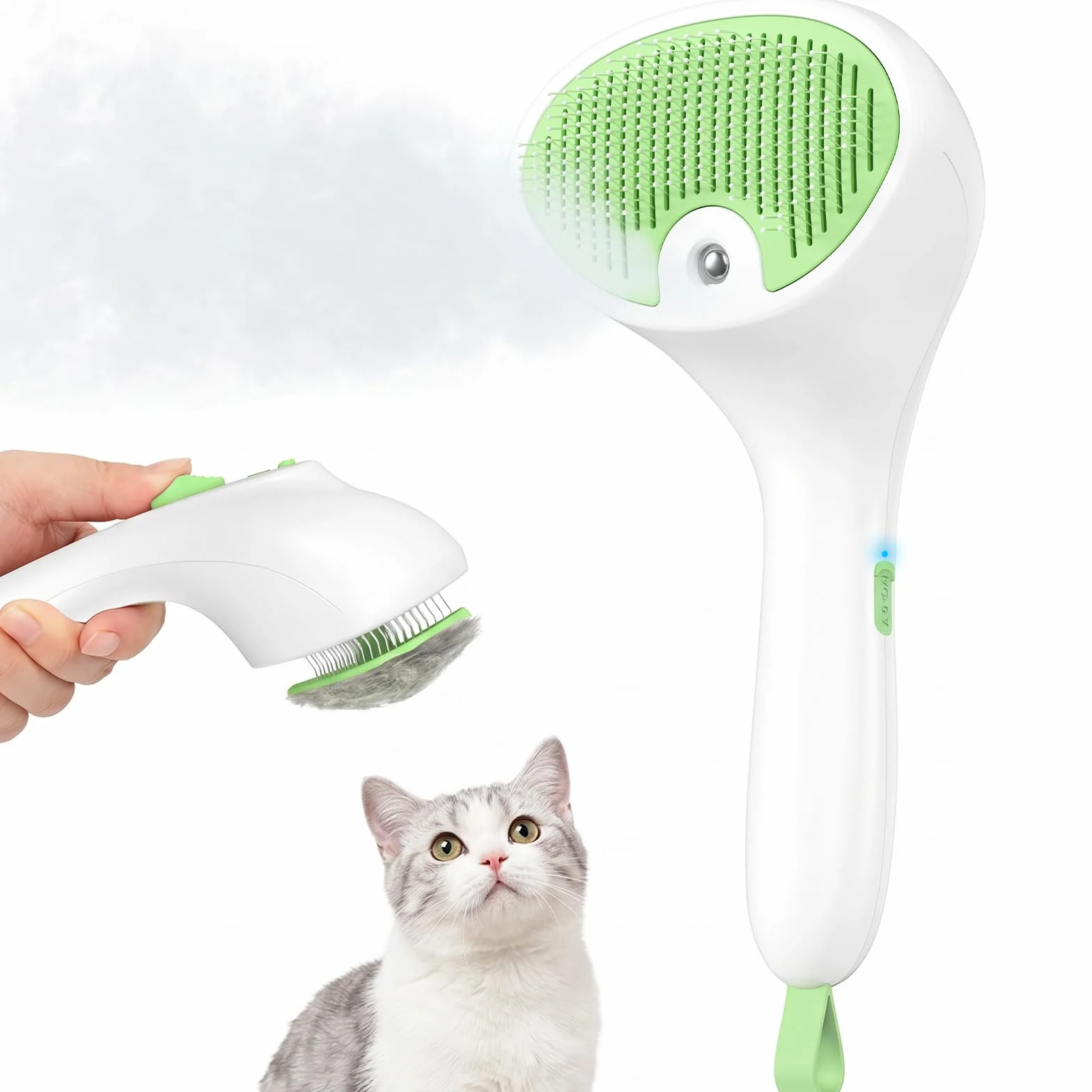 Brosse Vapeur pour Chat avec Bouton de Déverrouillage, Design Silencieux, Rechargeable pour Chats Chiens Lapins Vert