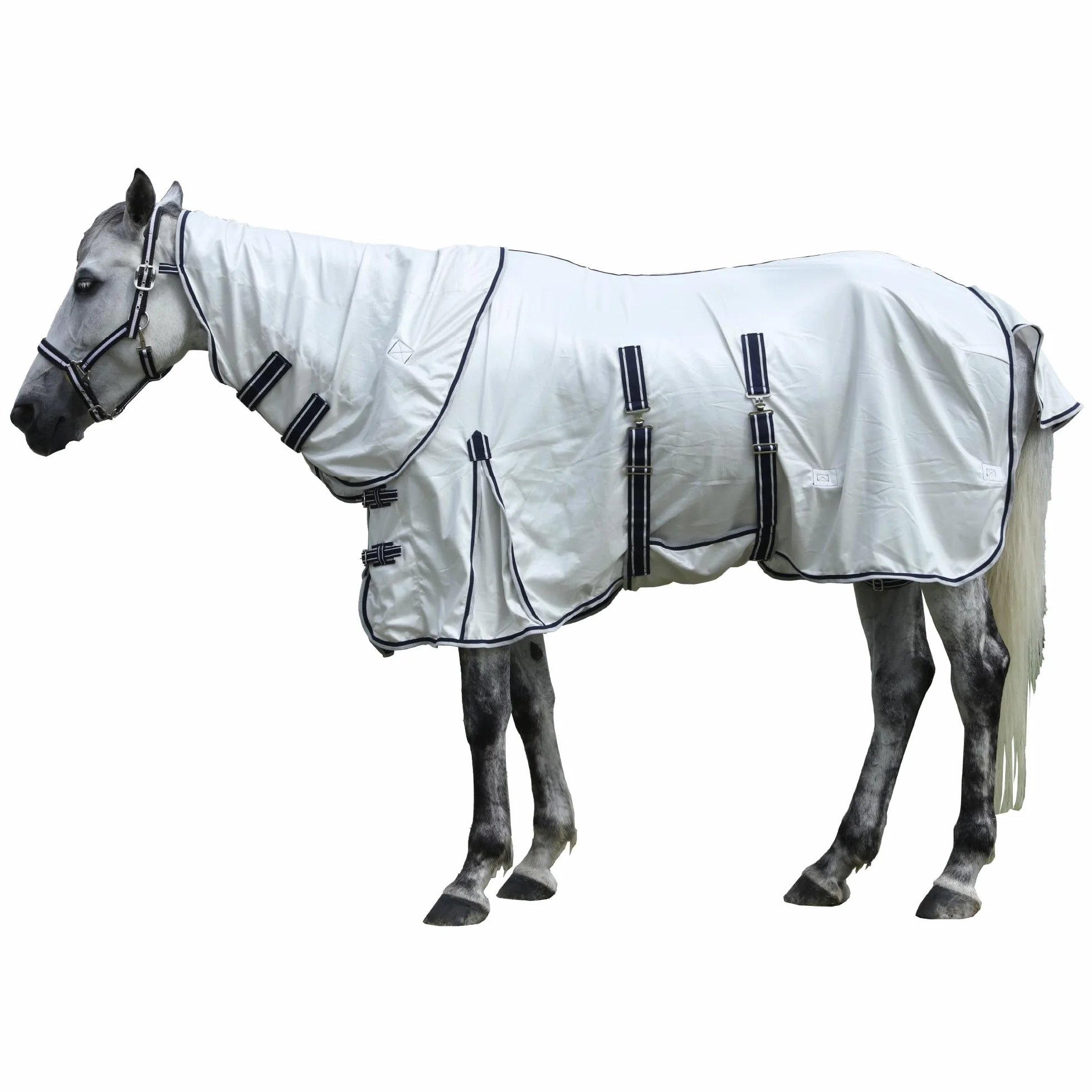 Couverture Anti-Mouches Gris Clair 155 cm avec Couvre-Cou Amovible, Bande Ventrale, Maille Respirante, Protection Anti-UV