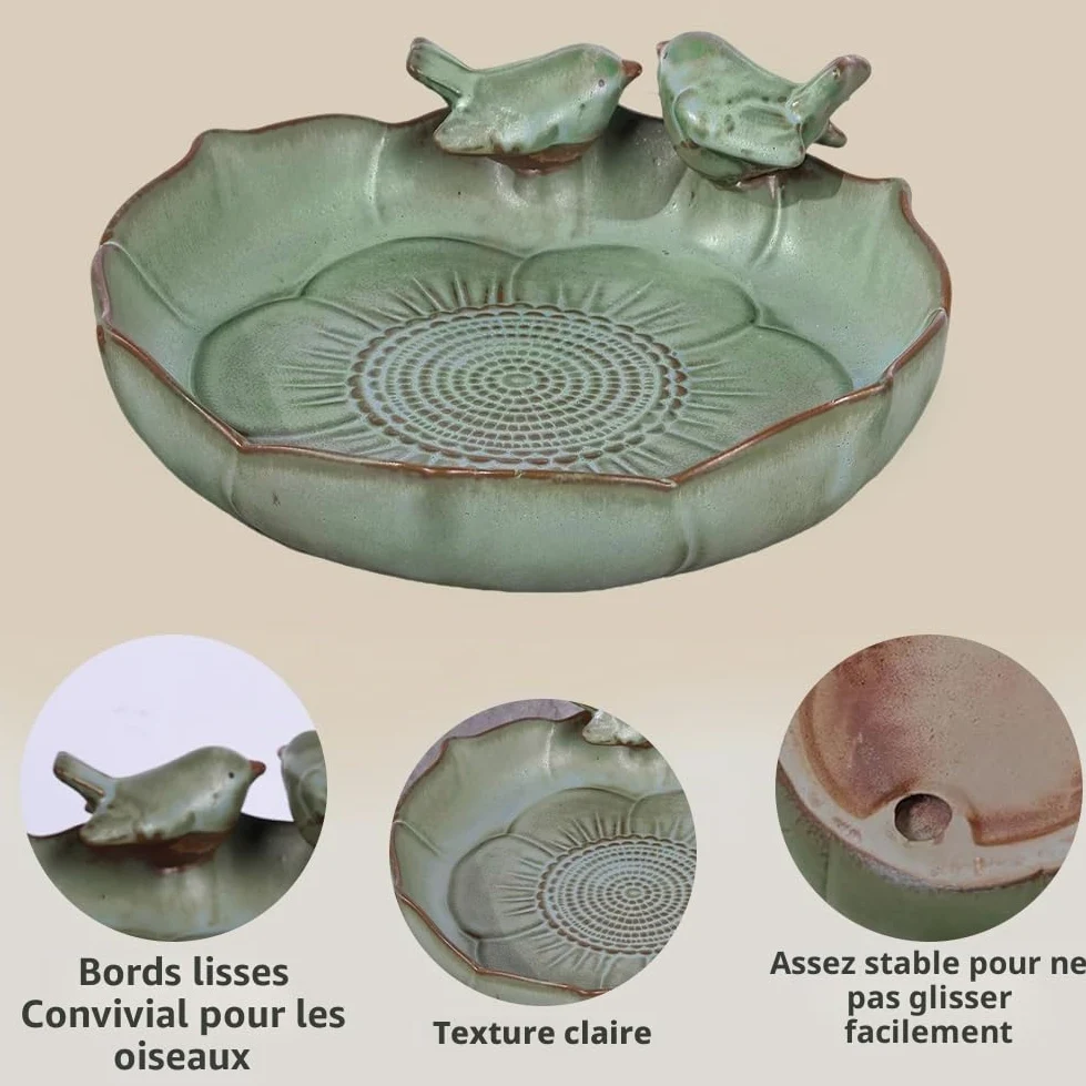 Baignoire pour oiseaux en céramique pour l'extérieur – 24,9 cm – Bol de bain pour oiseaux vert robuste uniquement, mangeoires à oiseaux au sol et gamelle d'eau pour oiseaux, jardin, patio